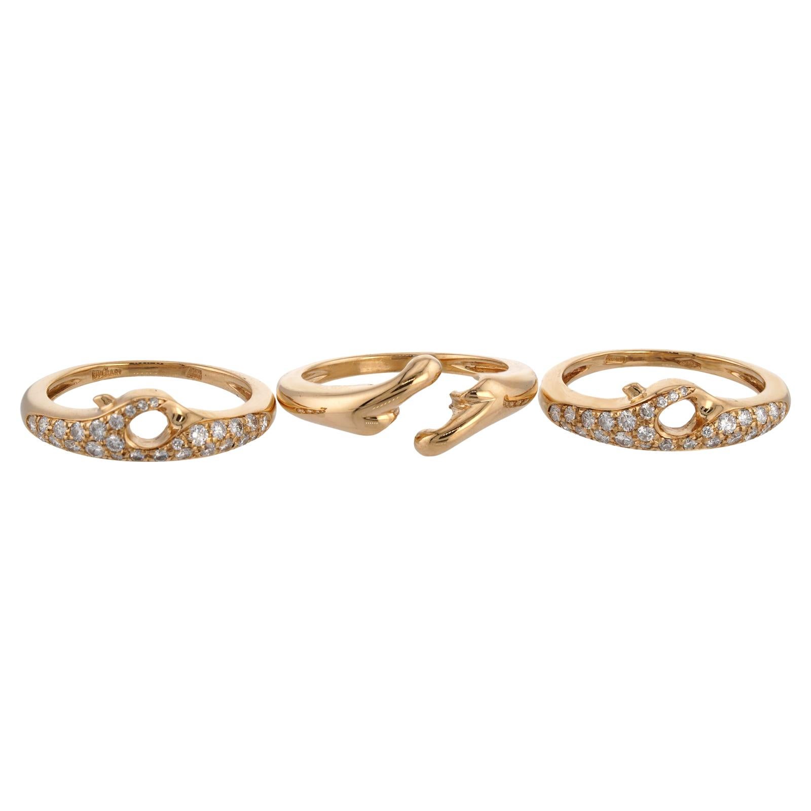 Women's BULGARI Diamond Yellow Gold Wavy 3-Band Stackable Ring
