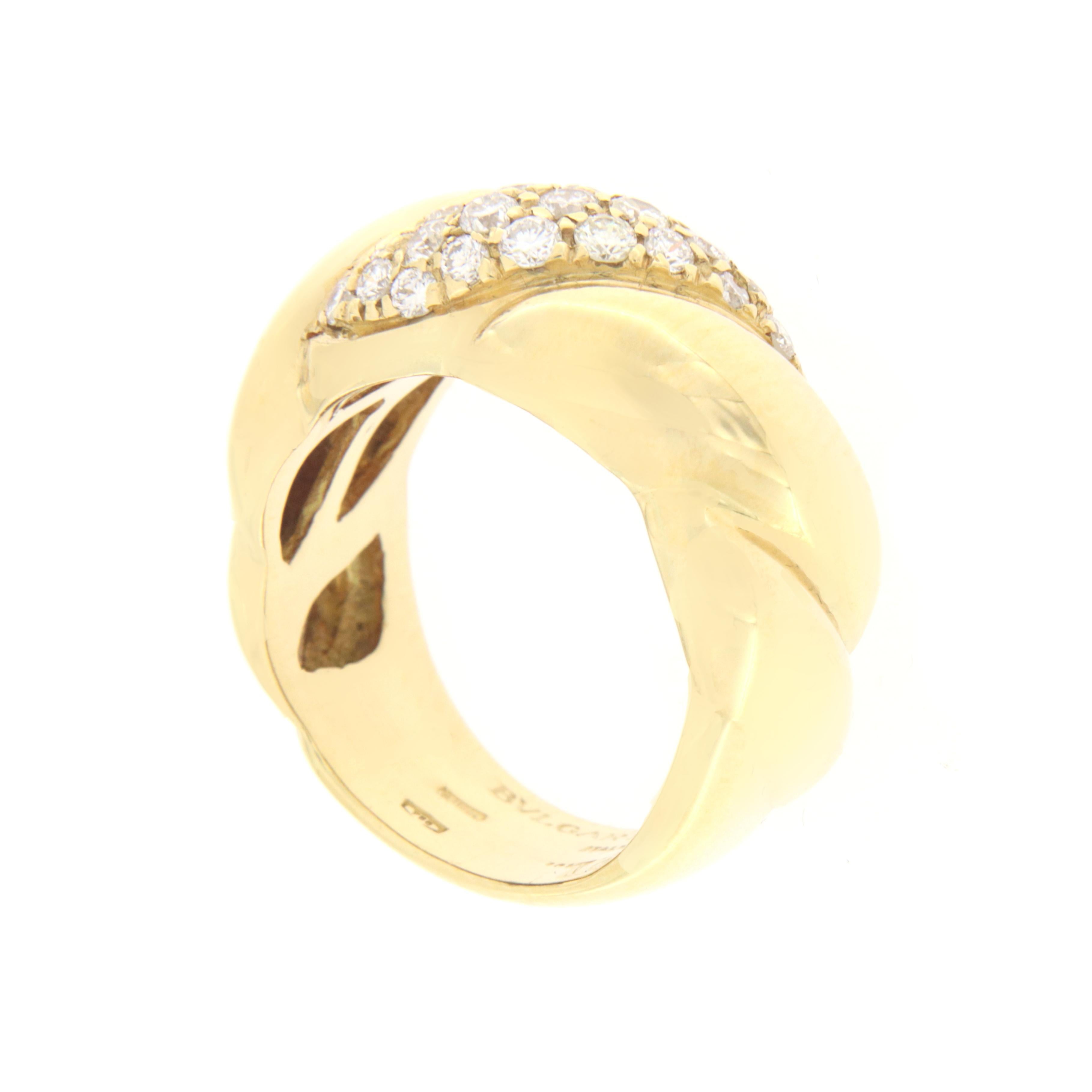 Retro Bulgari Diamonds 18 Karat Yellow Gold Band Ring For Sale