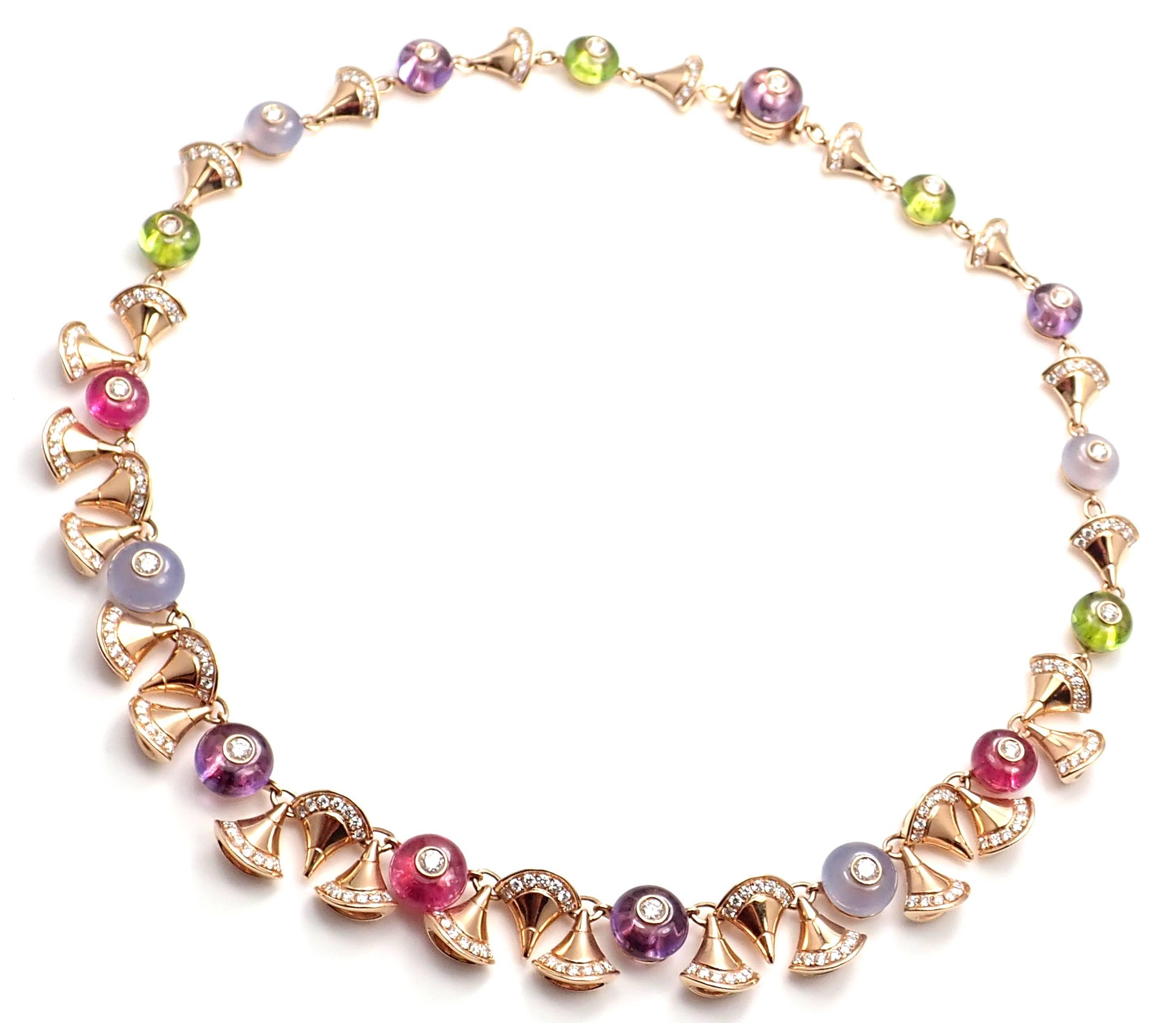 18k Rose Gold Diamond Amethyst Rubellite Peridot Chalcedony Necklace by Bulgari. 
With round brilliant cut diamonds amethysts, peridots, rubellites, chalcedonies.
This necklace is SOLD OUT!
The Retail Price of this necklace was $54,100 plus