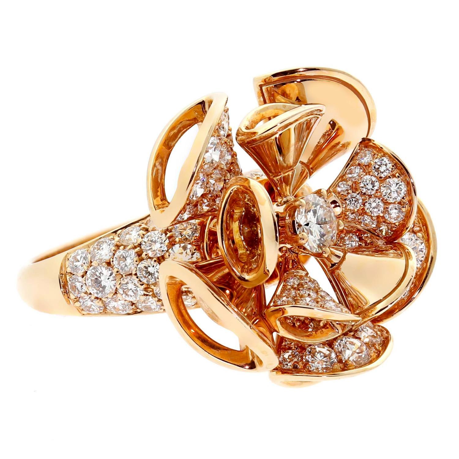 There is nothing simple or understated about this Diva Diamond Gold ring from Bulgari. Featuring 117 of the finest Bulgari round brilliant cut diamonds weighing 3.07ct and set in 18k rose gold, this ring is sure to make a statement.

Size 6