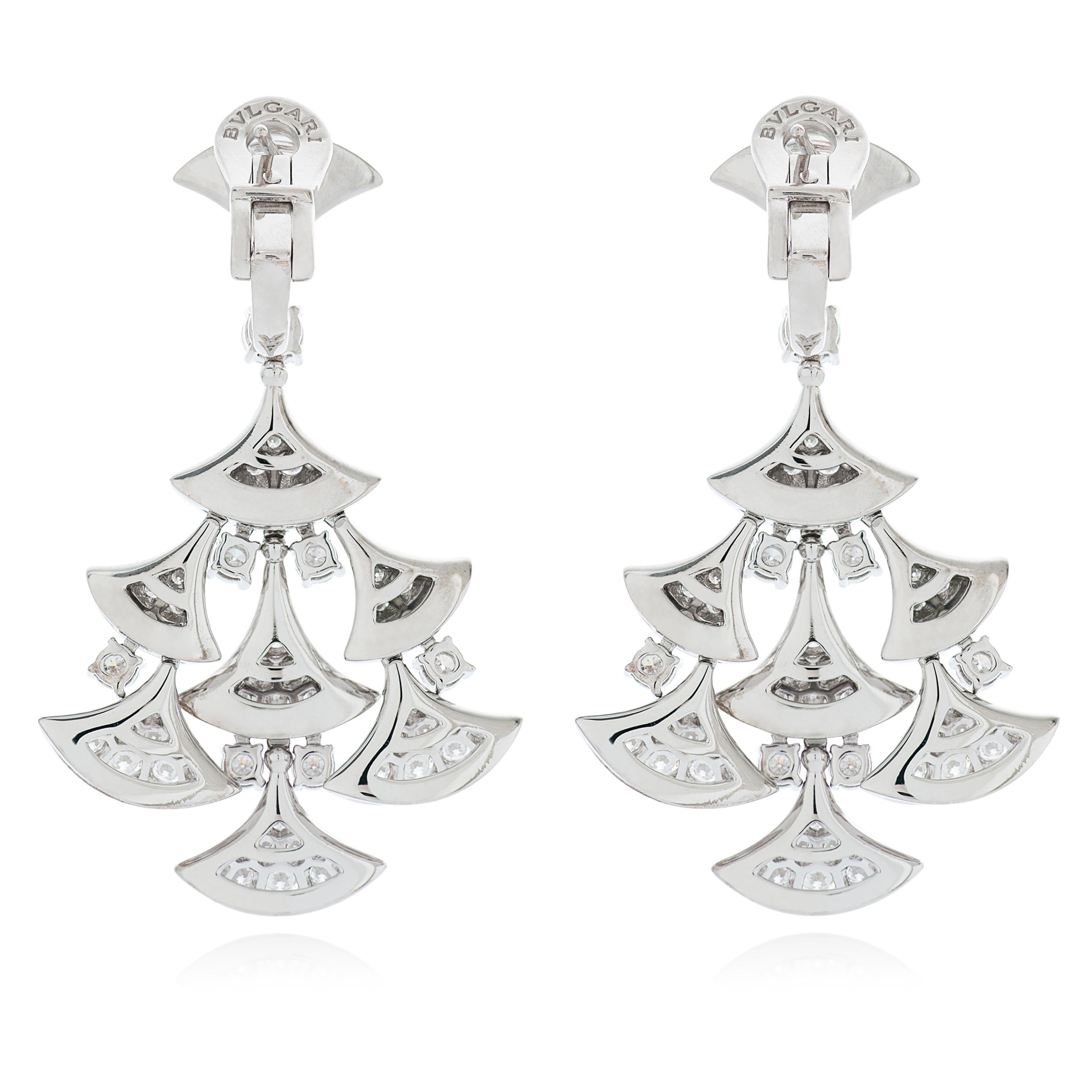 Bulgari Diva's Dream diamond chandelier earrings in 18k white gold.  

This pair of Diva's Dream earrings measure 50mm long by 34mm wide and feature approximately 7.95 carats of round brilliant cut diamonds with F+ color and VS+ clarity.  

Numbered