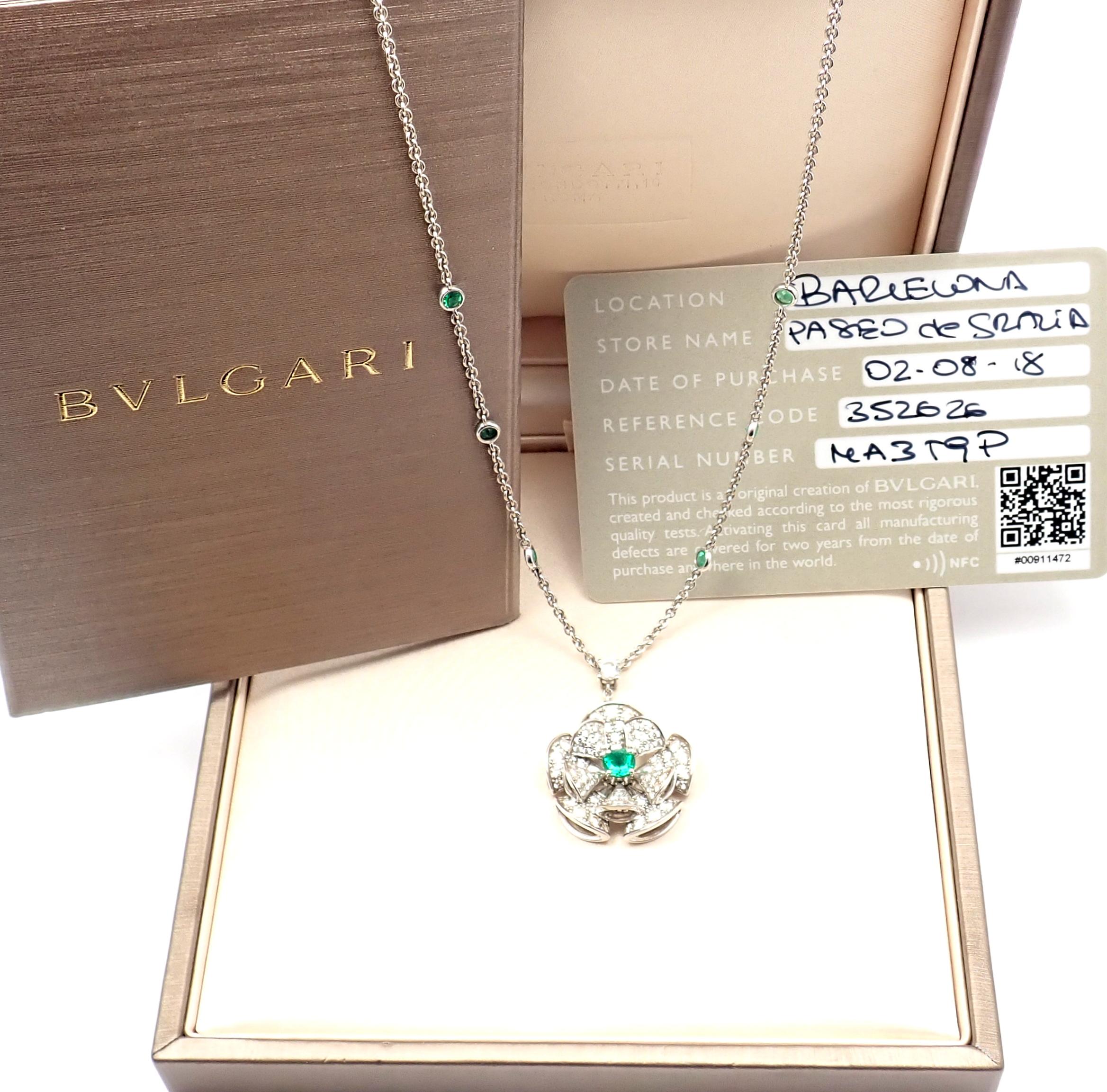 18k White Gold Divas' Dream Diamond Emerald Drop Necklace by Bulgari. 
With Round brilliant cut diamonds VVS1 clarity E color 
Round emeralds.
This necklace comes with Bulgari box and certificate.
Retail Price: $28,700 plus tax.
Details: 
Length: