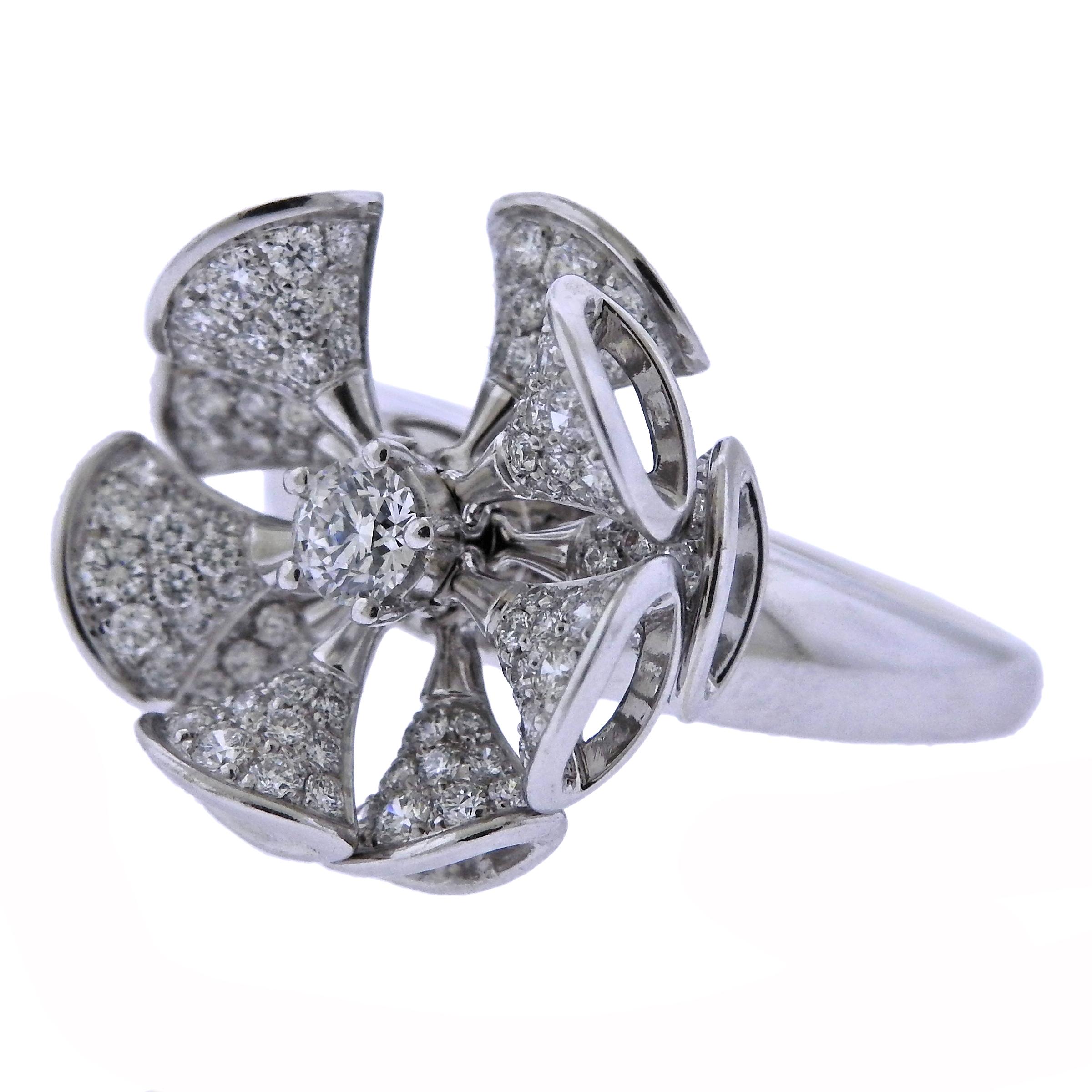 18k white gold ring, crafted by Bulgari for Diva's Dream collection, adorned with approx. 1.00ctw in G/VS diamonds. Current retail $12000. Bvlgari ref. AN857079. Ring size - 6, ring top - 18mm in diameter., weighs 9.9 grams. Marked: Bvlgari, made in