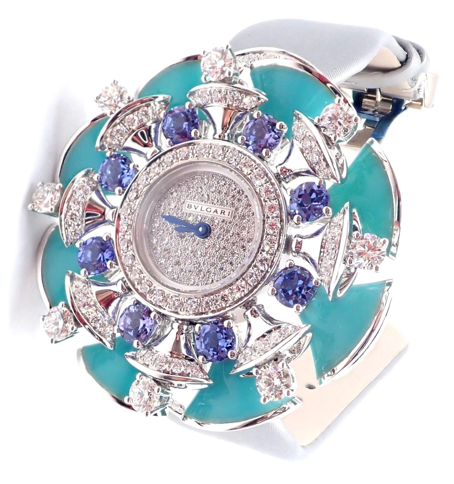 18k White Gold  Diamond Turquoise Tanzanite Divas Dream Watch by Bulgari.
This watch is the NEW Old Stock in unworn condition.
Includes: Original Bvlgari Box + Certificate
Condition: New unworn condition
Ref.: 102421
Details About The