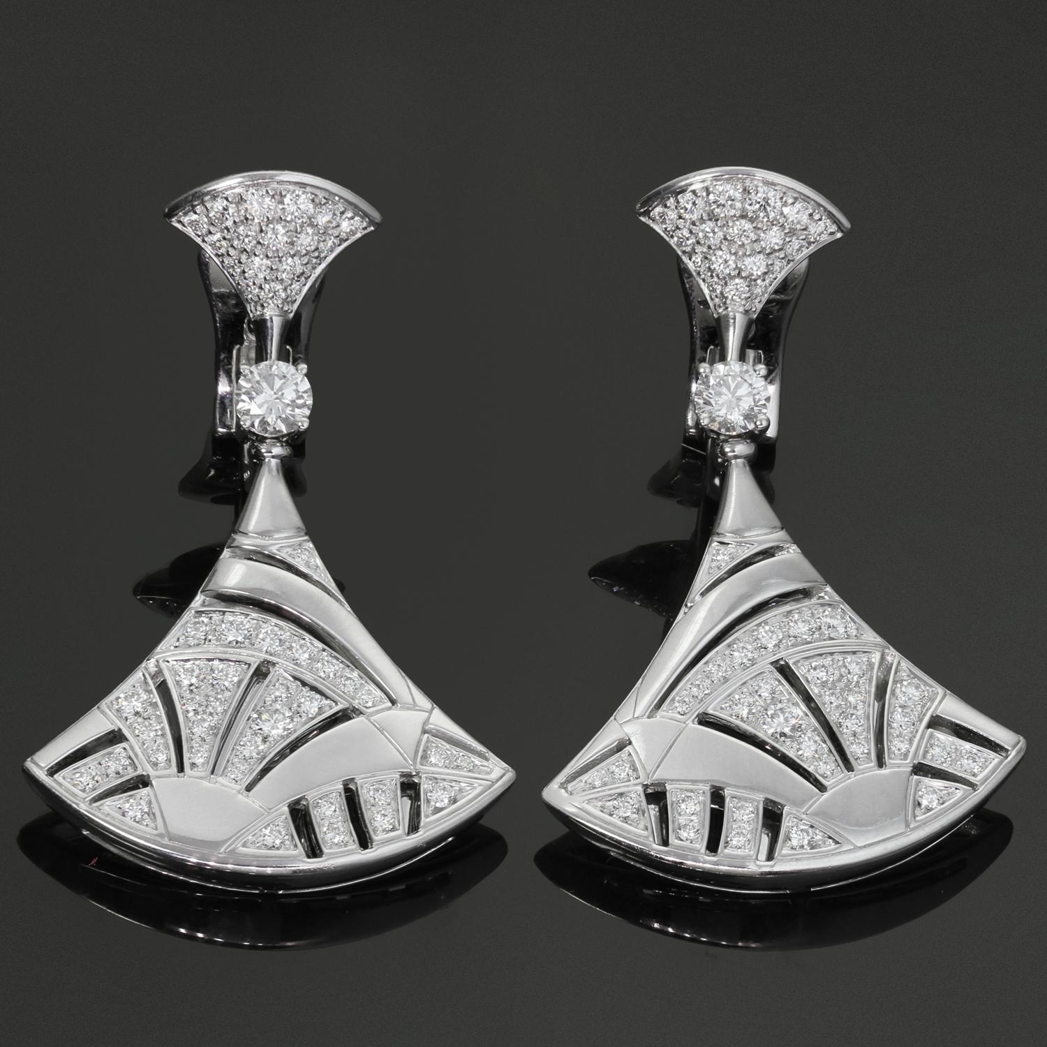These fabulous Bvlgari earrings from the classic Diva's Dream collection features a mosaic fan design crafted in 18k white gold and set with 106 round brilliant E-F-G VVS1-VVS2 diamonds weighing an estimated 2.10 carats.  Signed Bvlgari, numbered,
