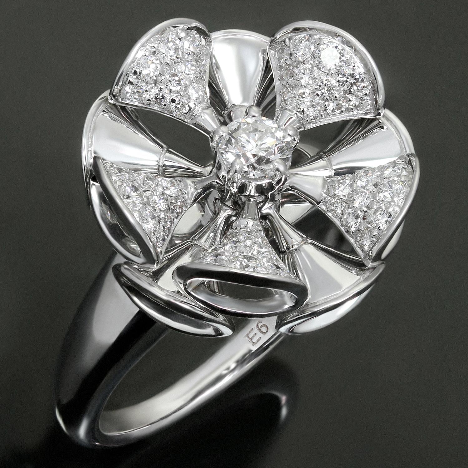 This exquisite Bvlgari ring from the sophisticated Divas' collection features a floral design crafted in 18k white gold and set with brilliant-cut round D-F VVS2-VS1 diamonds. Made in Italy circa 2010s. The Divas' Dream collection is inspired by