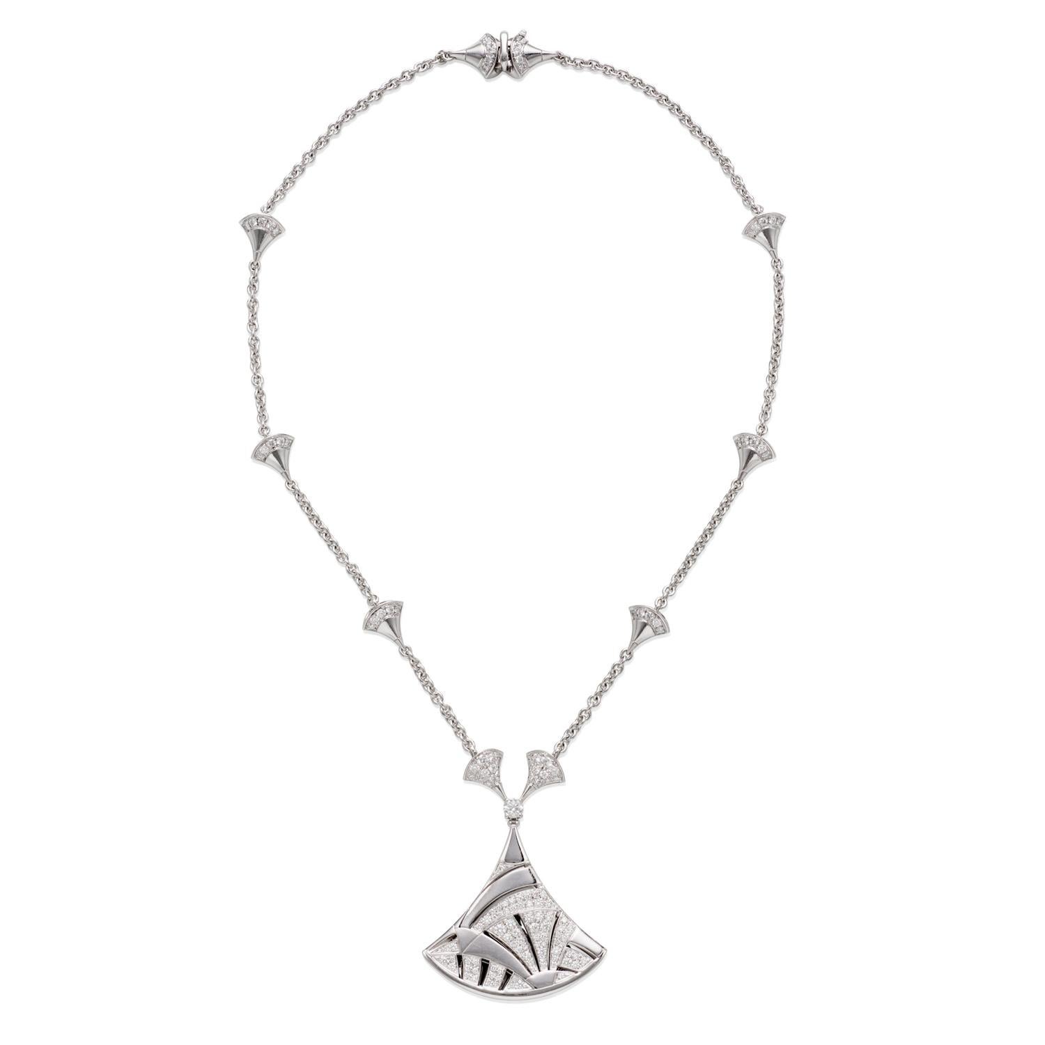 This fabulous Bvlgari necklace from the classic Diva's Dream collection features a mosaic fan pendant and chain crafted in 18k white gold and set with 174 round brilliant E-F-G VVS1-VVS2 diamonds weighing an estimated 4.35 carats.  Signed Bvlgari,
