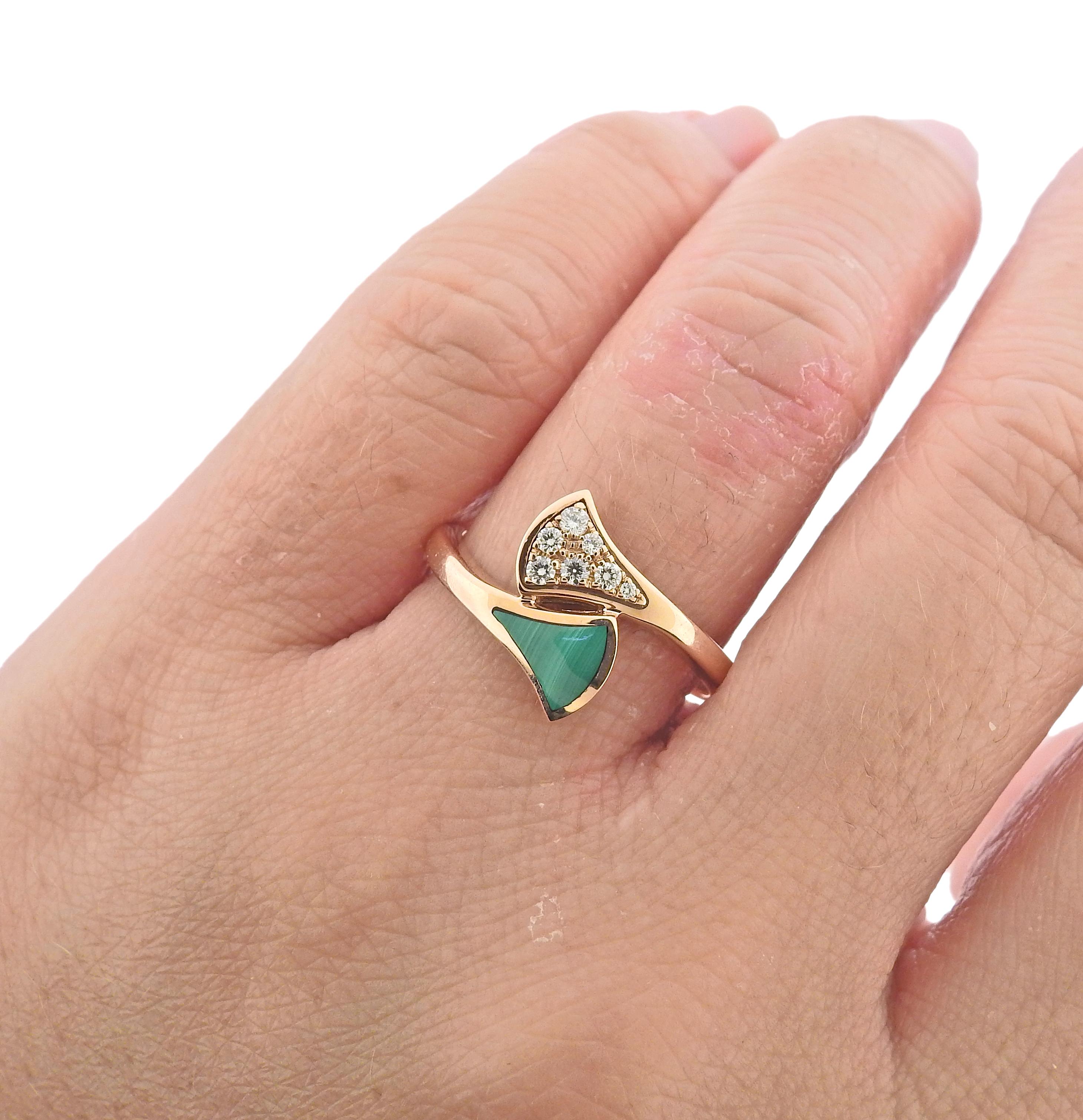 18k rose gold Bvlgari Diva's Dream ring, with 0.10ctw G/VS diamonds and malachite. Comes with COA and box. Ring size 7.75, top is 14mm wide. Marked Bvlgari, made in Italy, Italian mark, 750, Serial number. Weight 3.7 grams