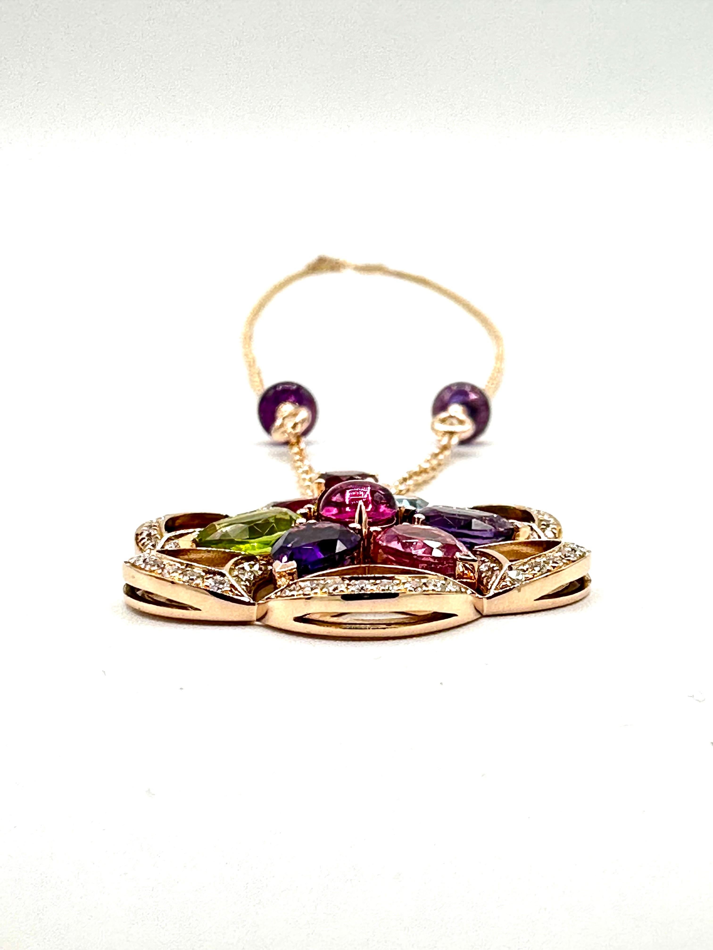 Wonderful Bulgari Divas' Dream necklace in pink gold diamonds, and in colored stones, composed of one very beautiful chain in pink gold, diamonds delicately set with a amethyst, holding a superb geometric hemstitched central pattern pink gold in its