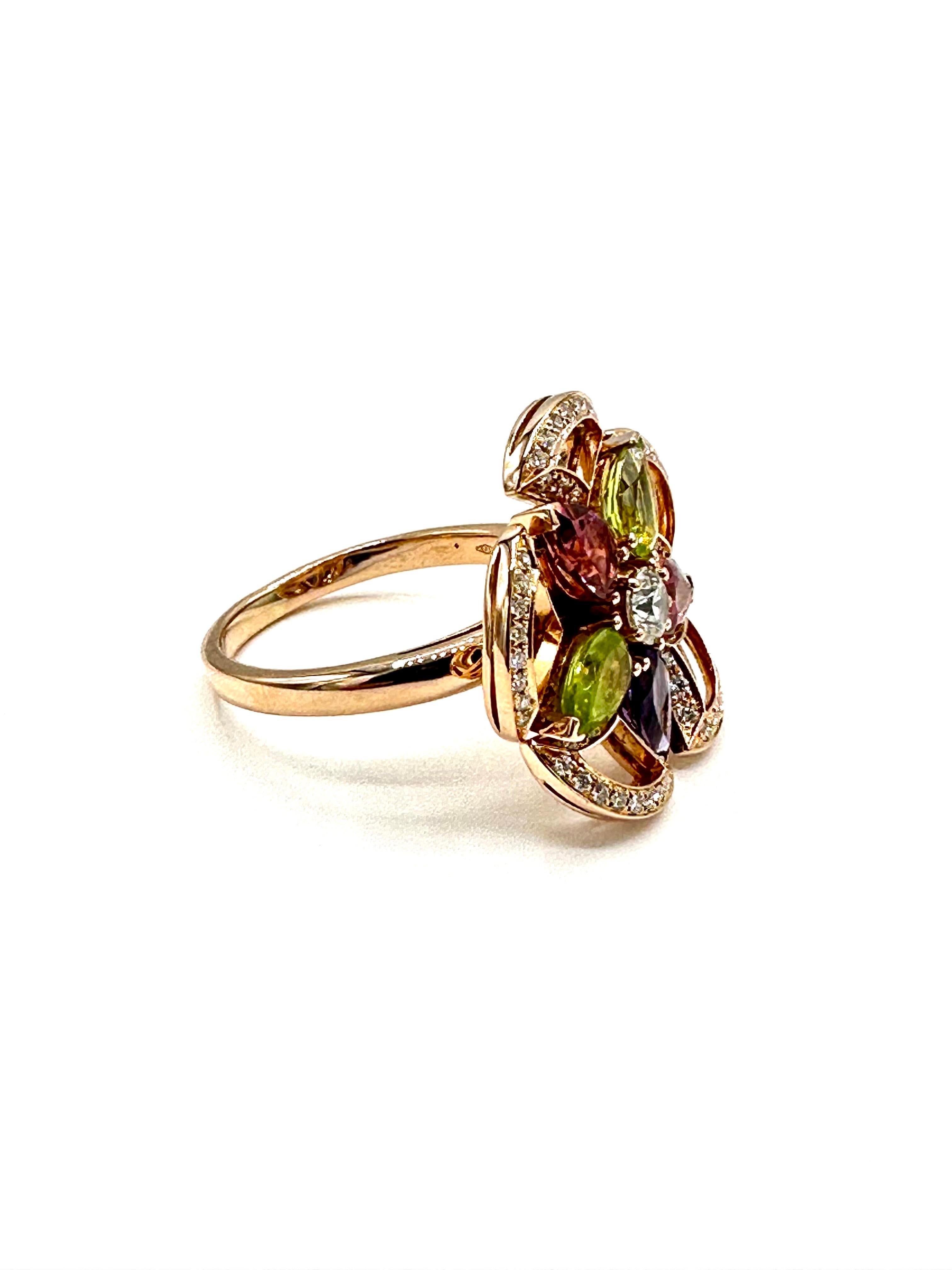 Wonderful Bulgari Divas' Dream ring in pink gold diamonds, and in colored stones, composed of one very beautiful shank in pink gold, diamonds delicately set with a amethyst, holding a superb geometric hemstitched central pattern pink gold in its