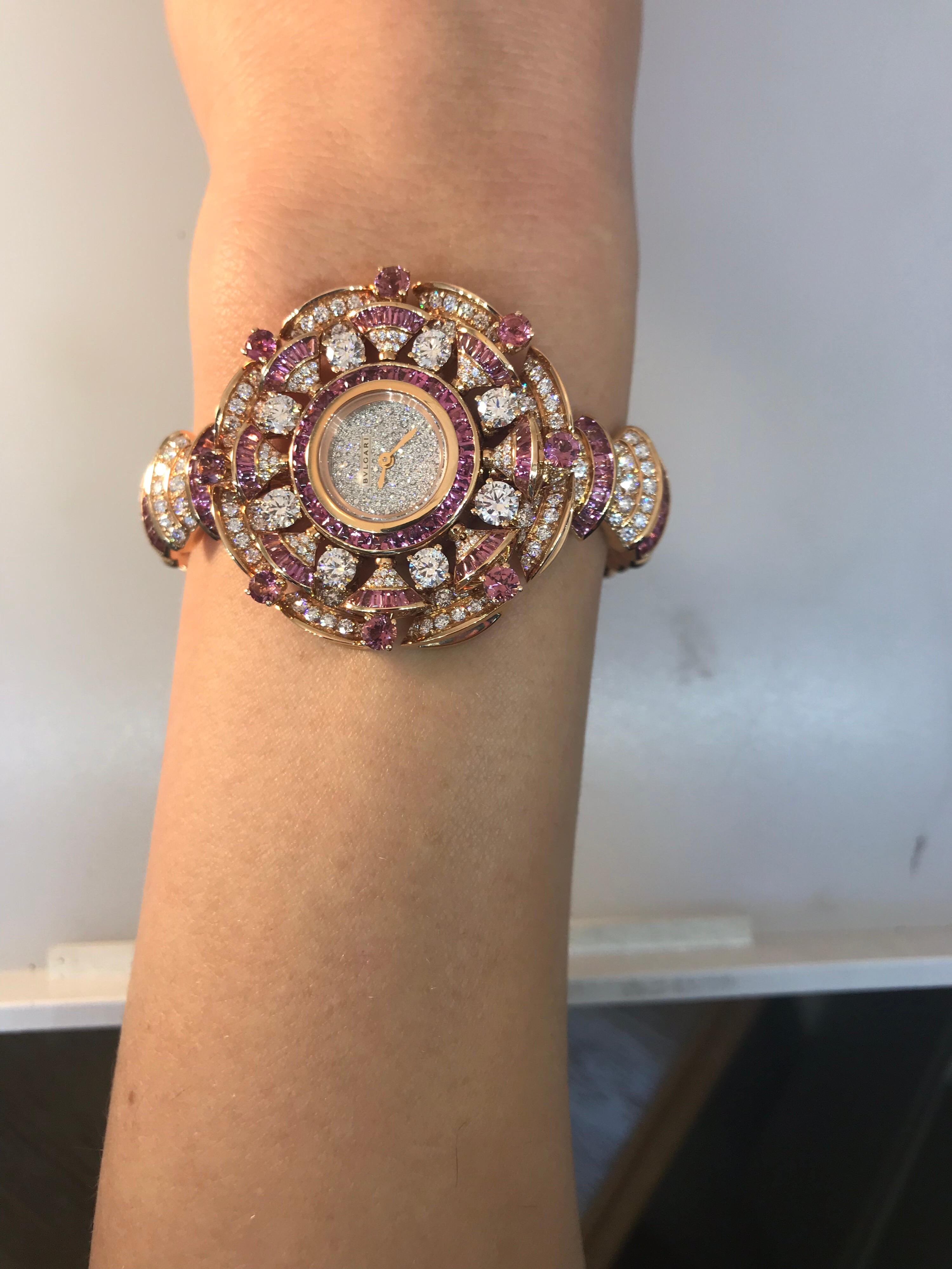 Bulgari Diva's Dream Rose Gold Diamonds and Rubellites Bracelet Ladies Watch For Sale 4