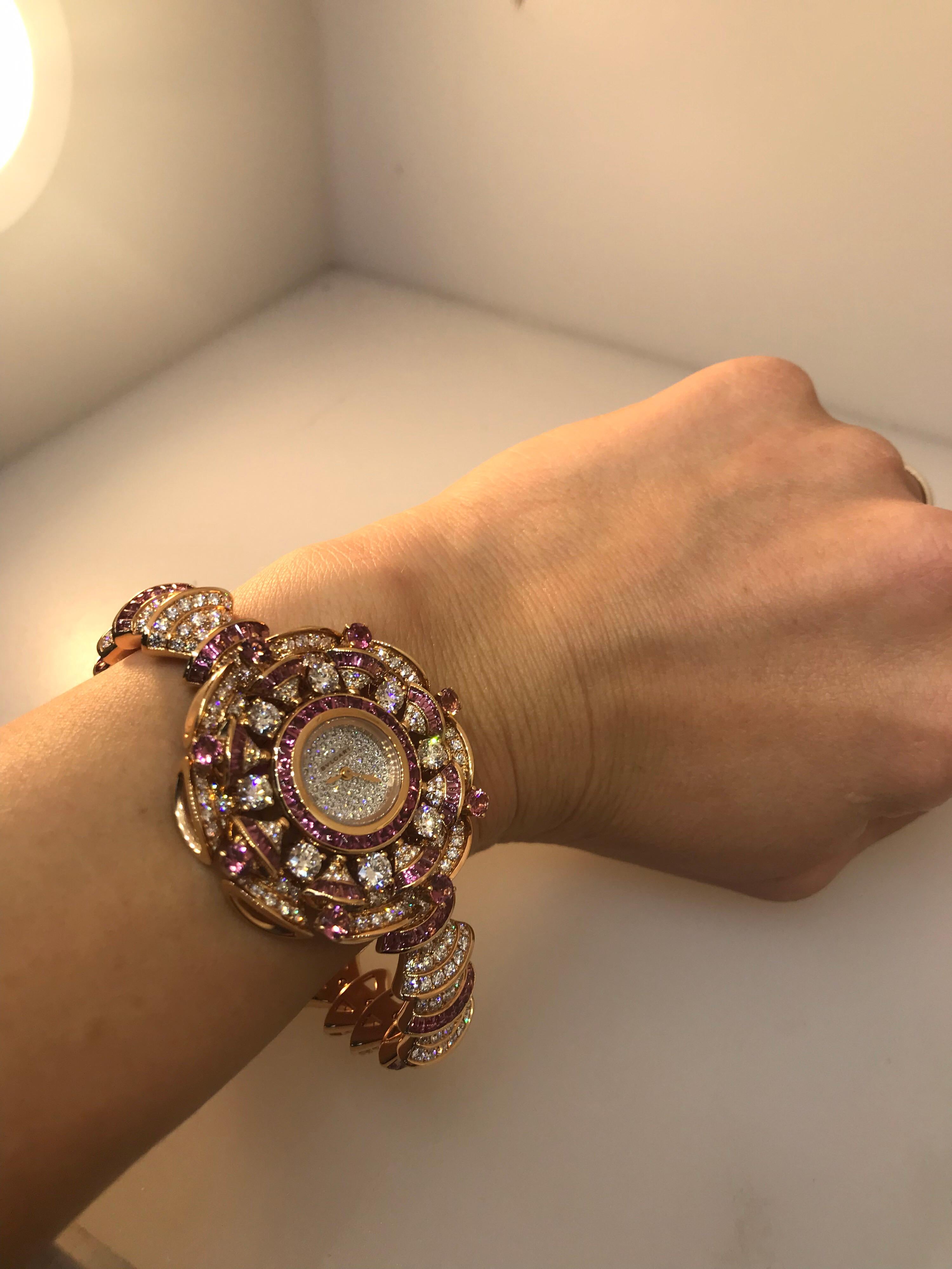 Bulgari Diva's Dream Rose Gold Diamonds and Rubellites Bracelet Ladies Watch For Sale 5