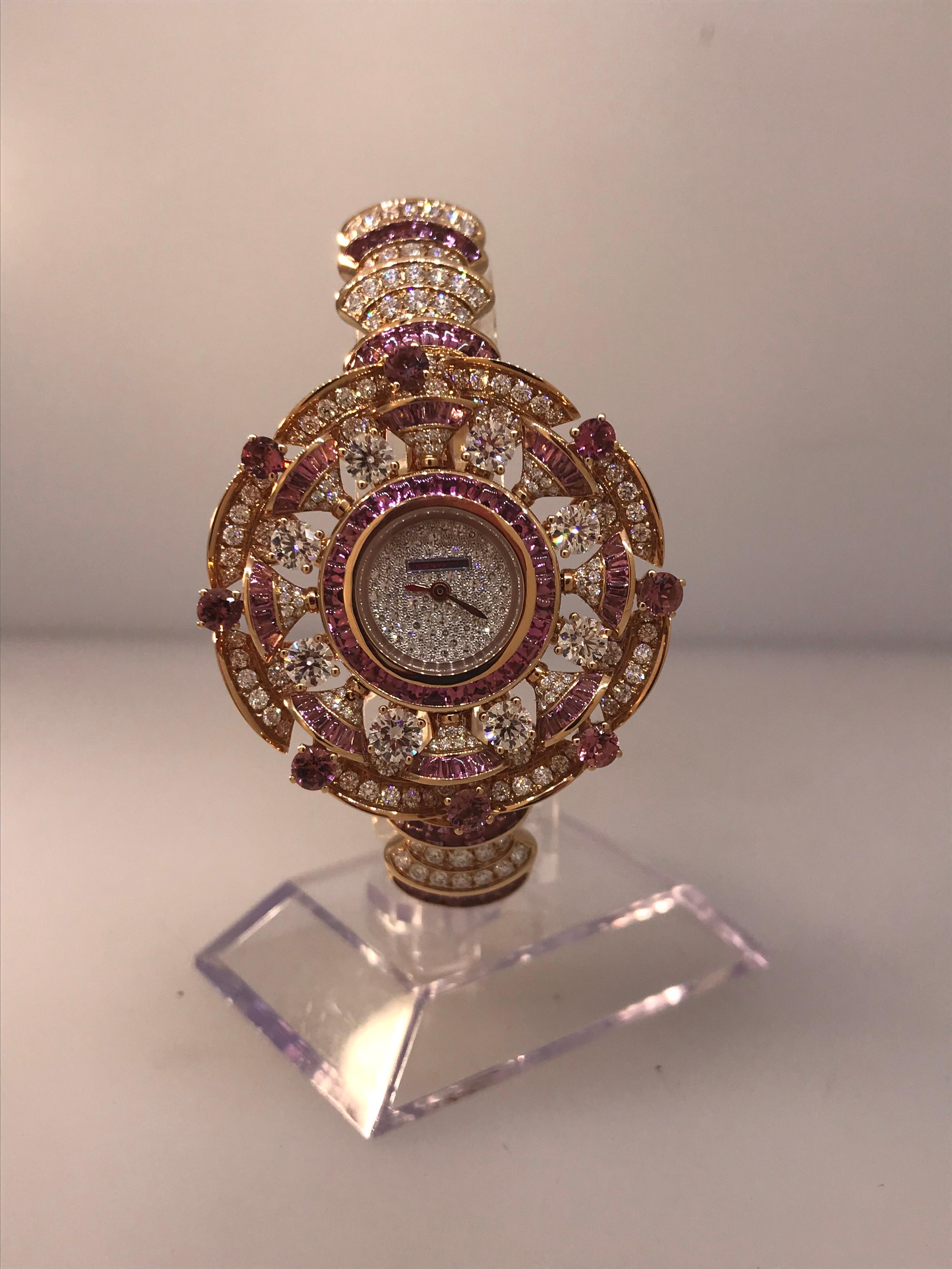 Bulgari Diva's Dream Rose Gold Diamonds and Rubellites Bracelet Ladies Watch In New Condition For Sale In New York, NY