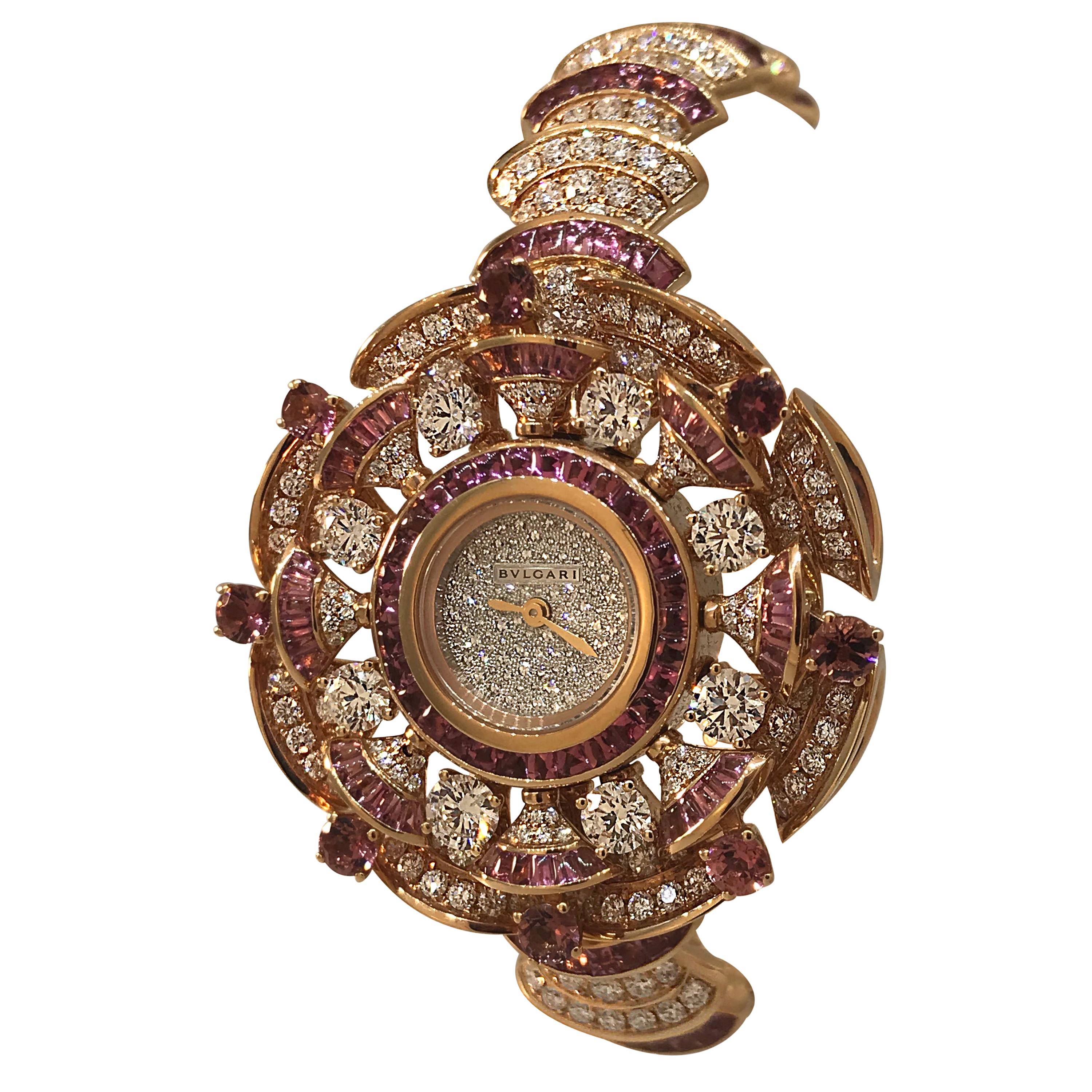 Bulgari Diva's Dream Rose Gold Diamonds and Rubellites Bracelet Ladies Watch For Sale