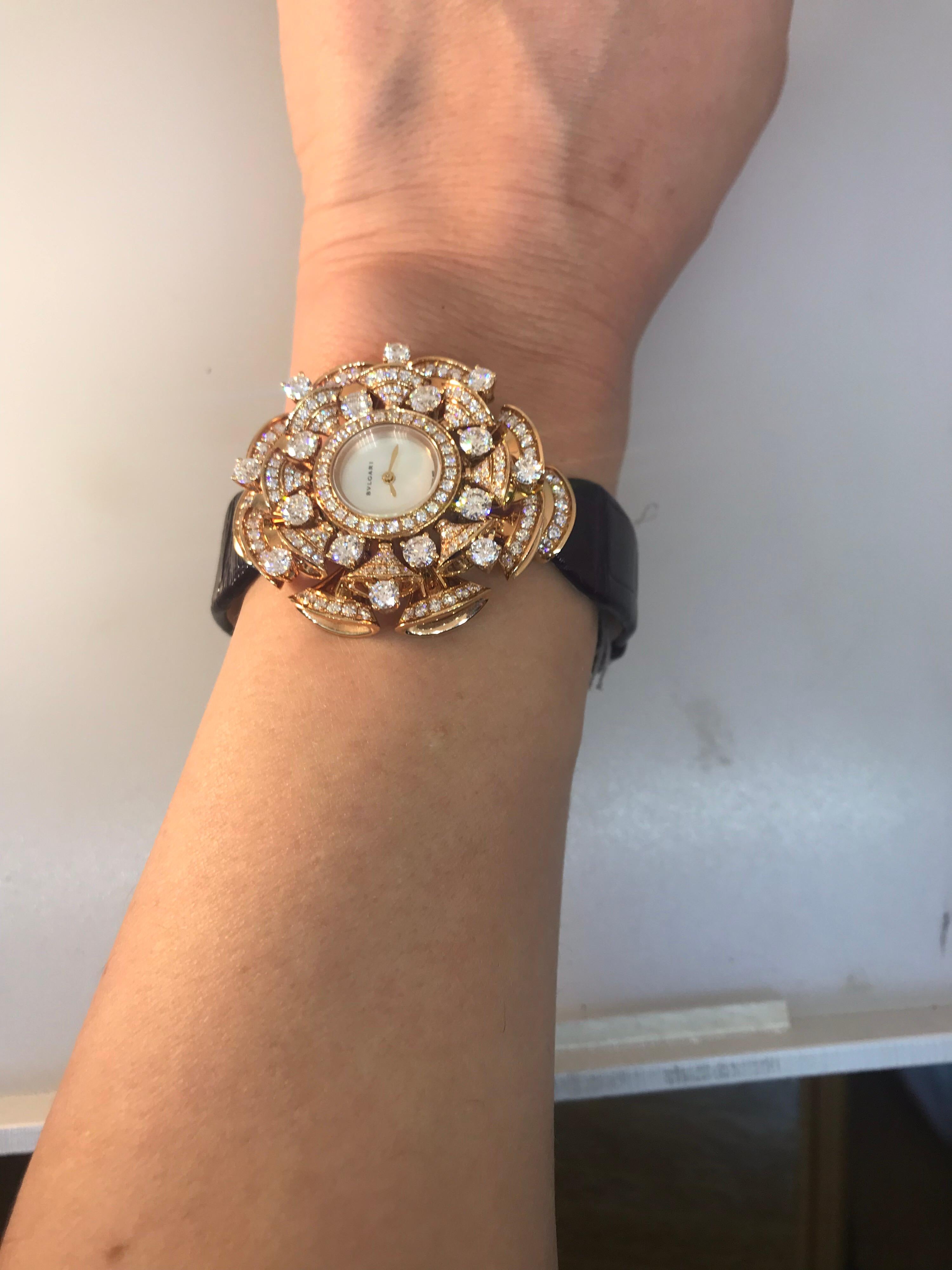 Bulgari Diva's Dream Rose Gold Pave Diamond Leather Band Ladies Watch 102546 For Sale 6