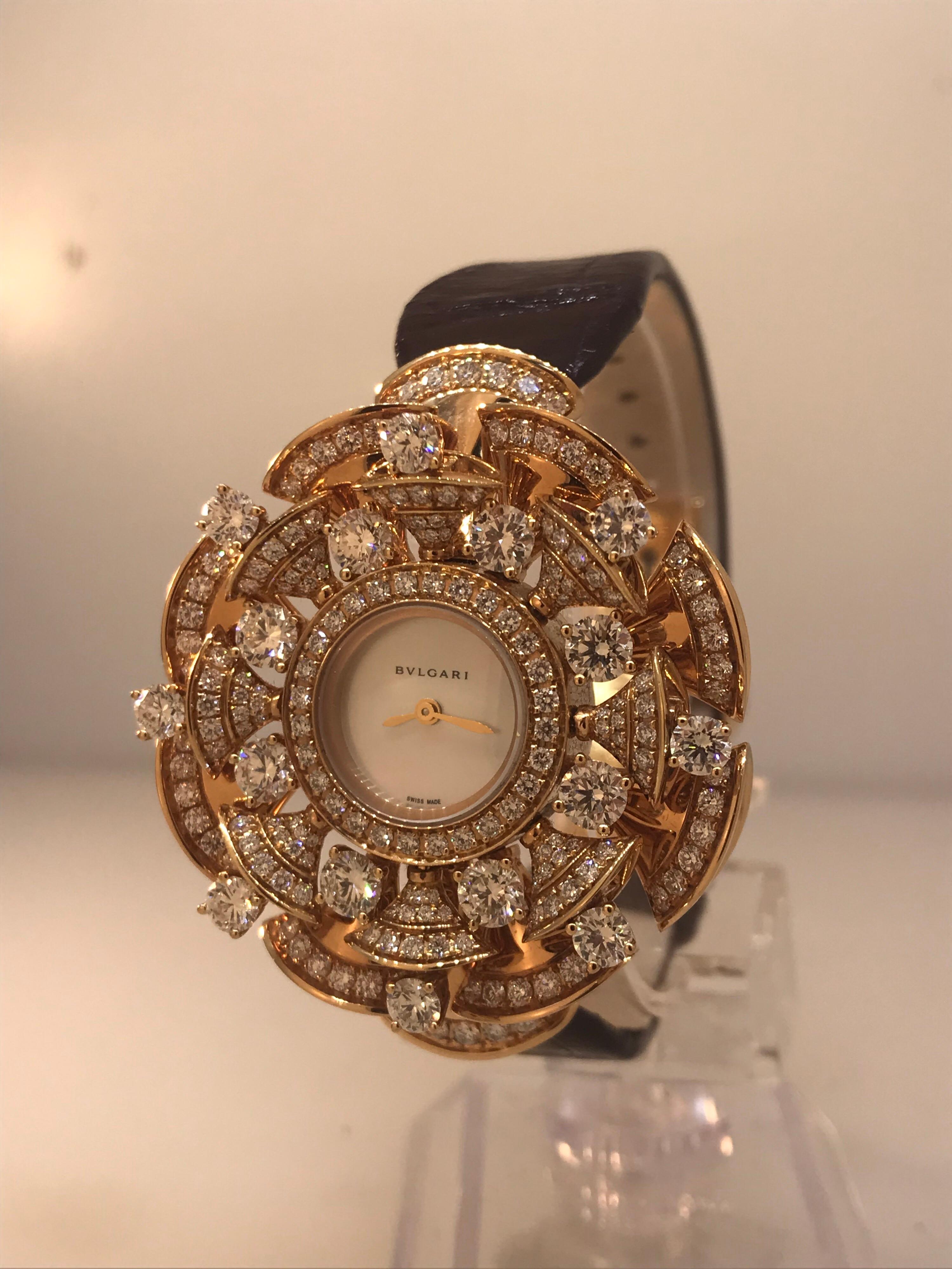 Bulgari Diva's Dream Rose Gold Pave Diamond Leather Band Ladies Watch 102546 In New Condition For Sale In New York, NY