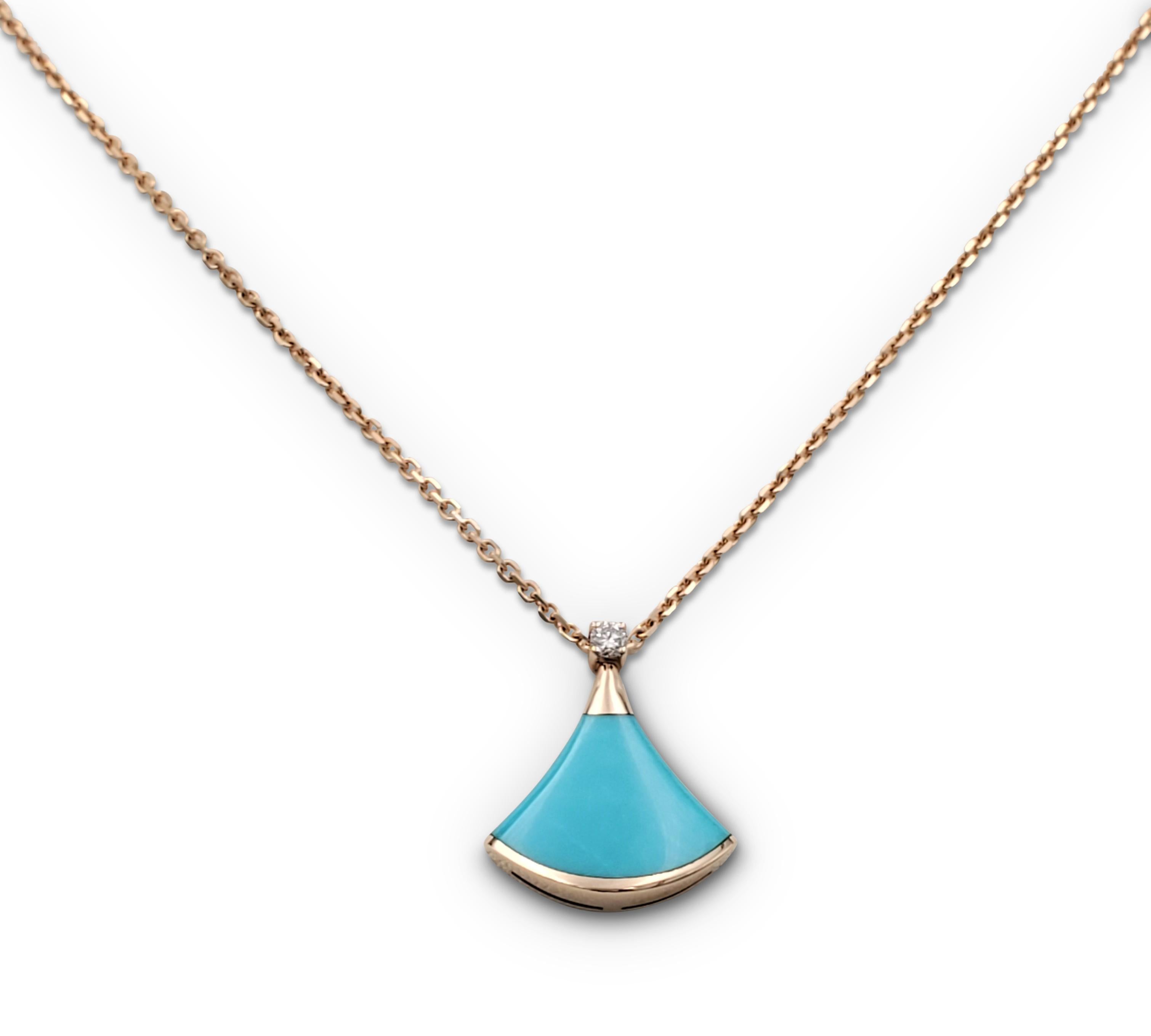 Authentic Bulgari necklace crafted in 18 karat rose gold featuring a fan-shaped turquoise pendant, set with 1 round brilliant diamond weighing approximately .04ct.  The chain measures 17 inches in total length and is worn at an 8 inch drop.  Pendant