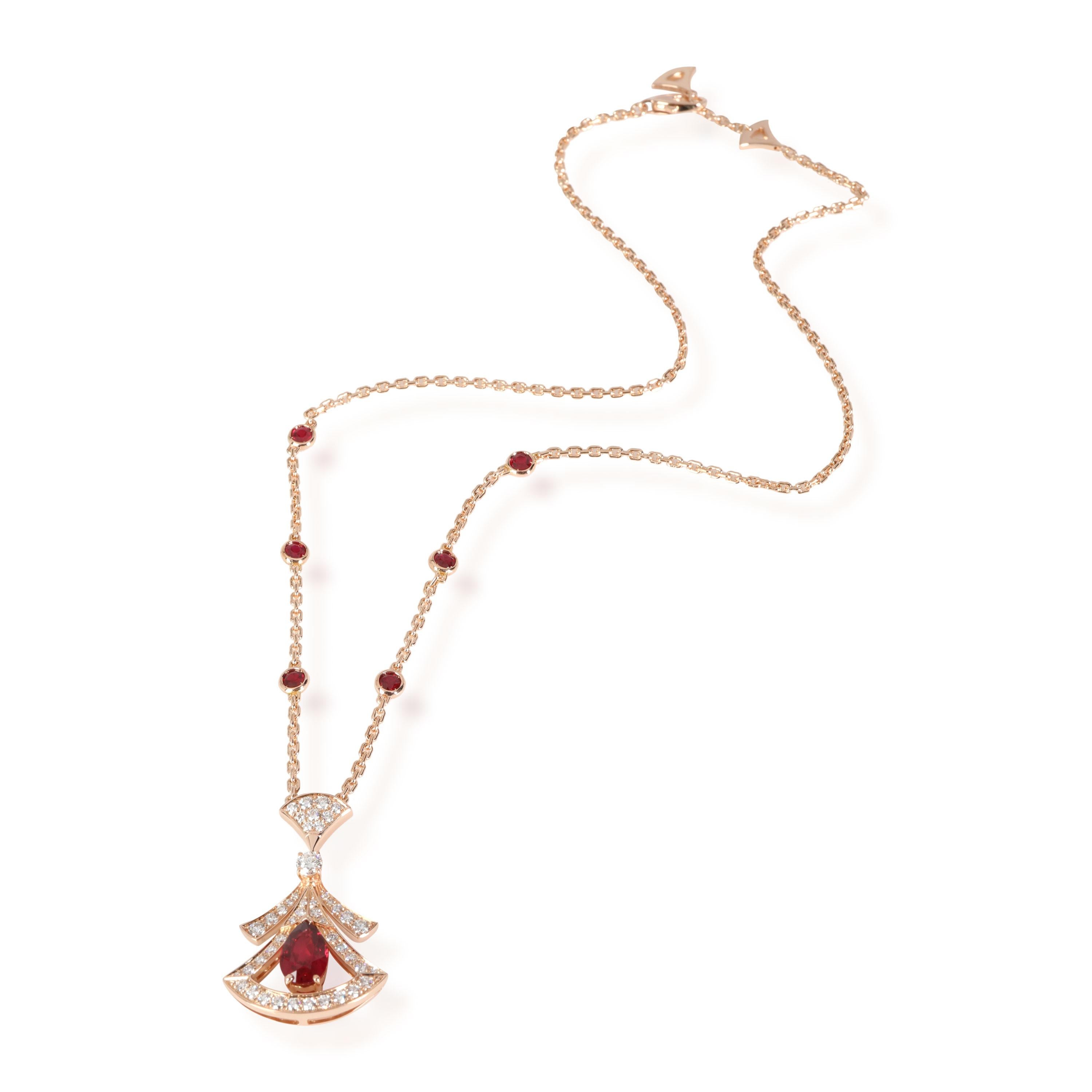 Bulgari Diva's Dream Ruby Diamond Necklace in 18k Rose Gold 0.86 CTW

PRIMARY DETAILS
SKU: 116424
Listing Title: Bulgari Diva's Dream Ruby Diamond Necklace in 18k Rose Gold 0.86 CTW
Condition Description: Retails for 37,500 USD. In excellent
