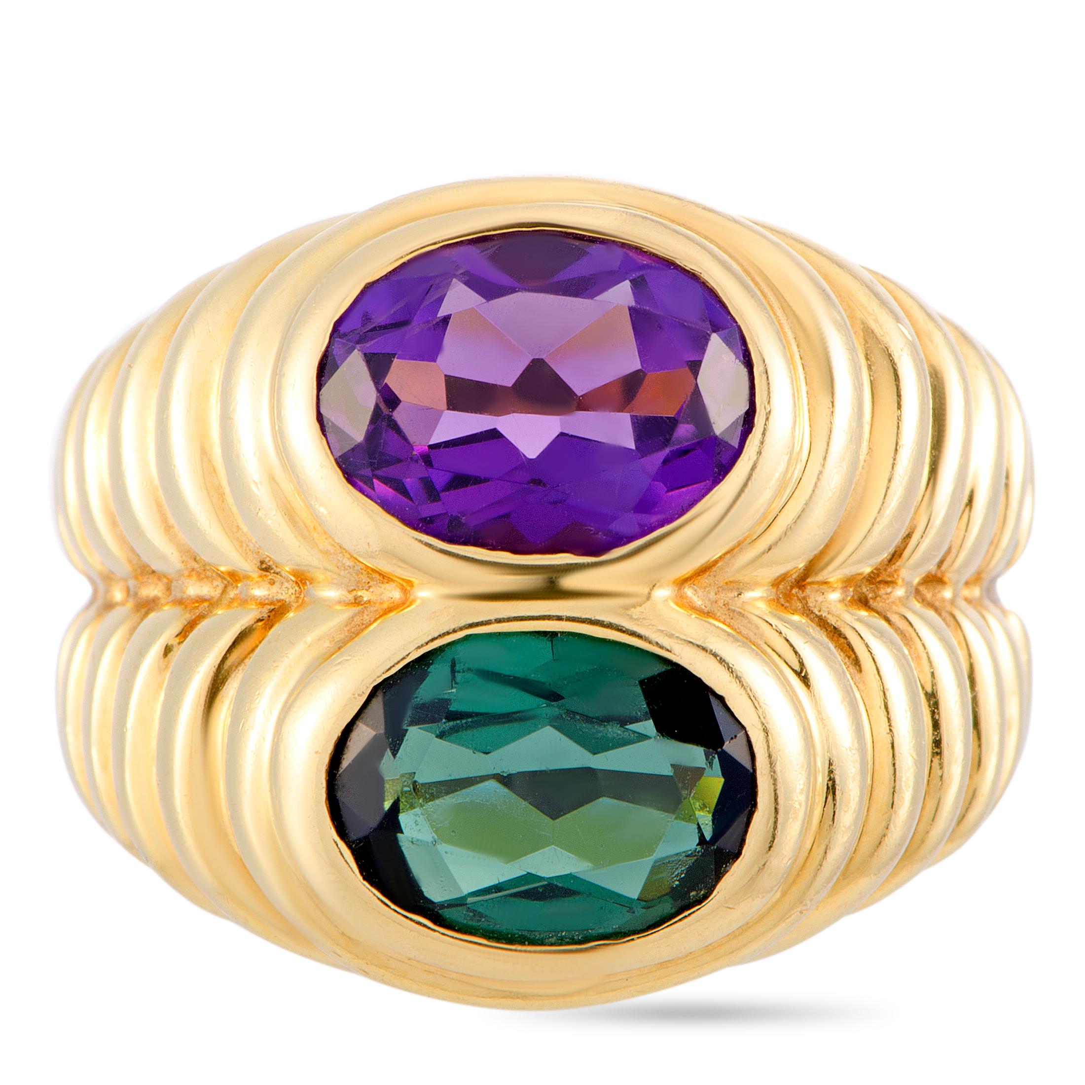Bulgari Doppio Amethyst and Tourmaline Yellow Gold Ring In Excellent Condition In Southampton, PA