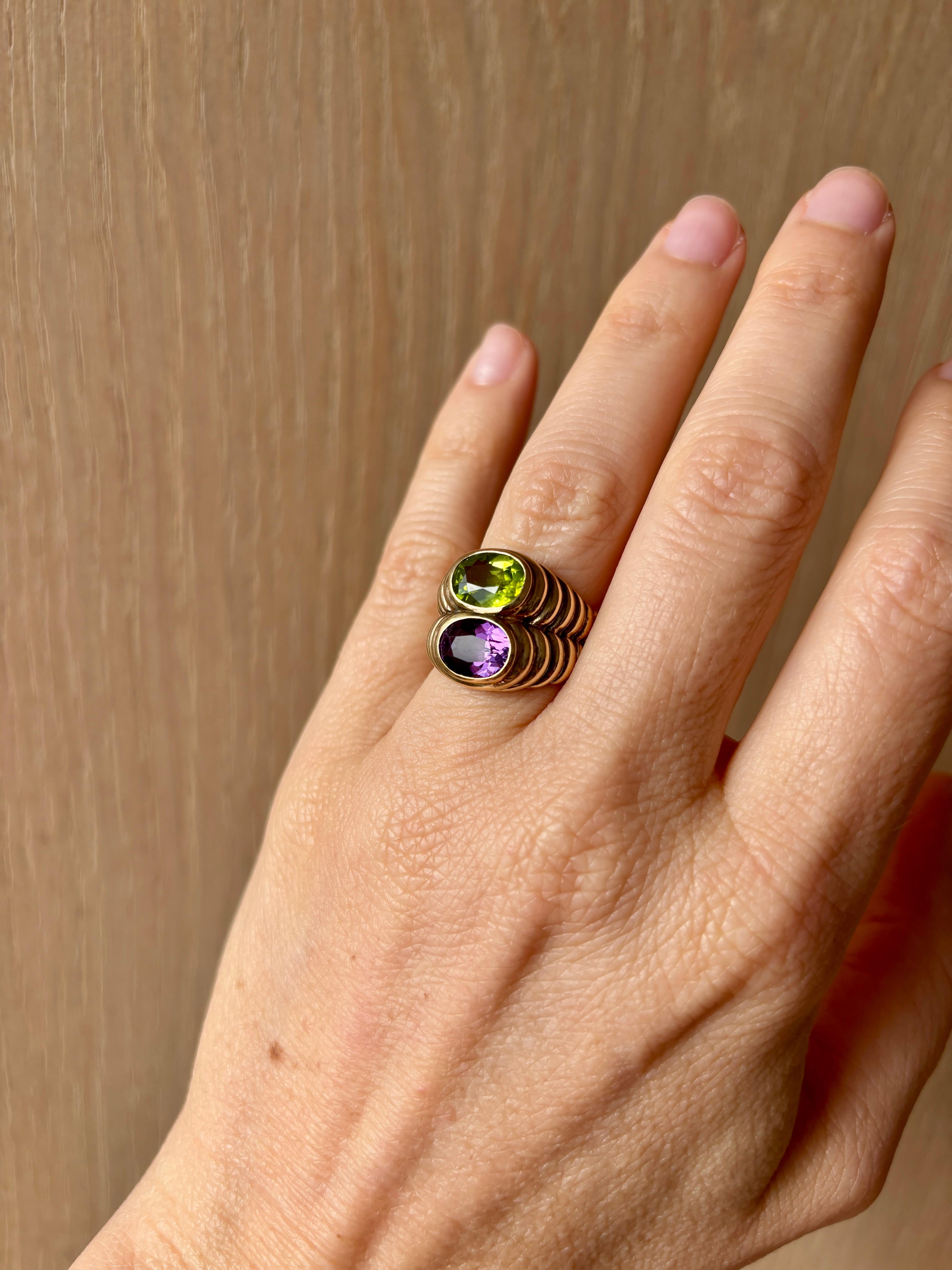 Bulgari Doppio Baccellato Peridot & Amethyst Gold Ring 5