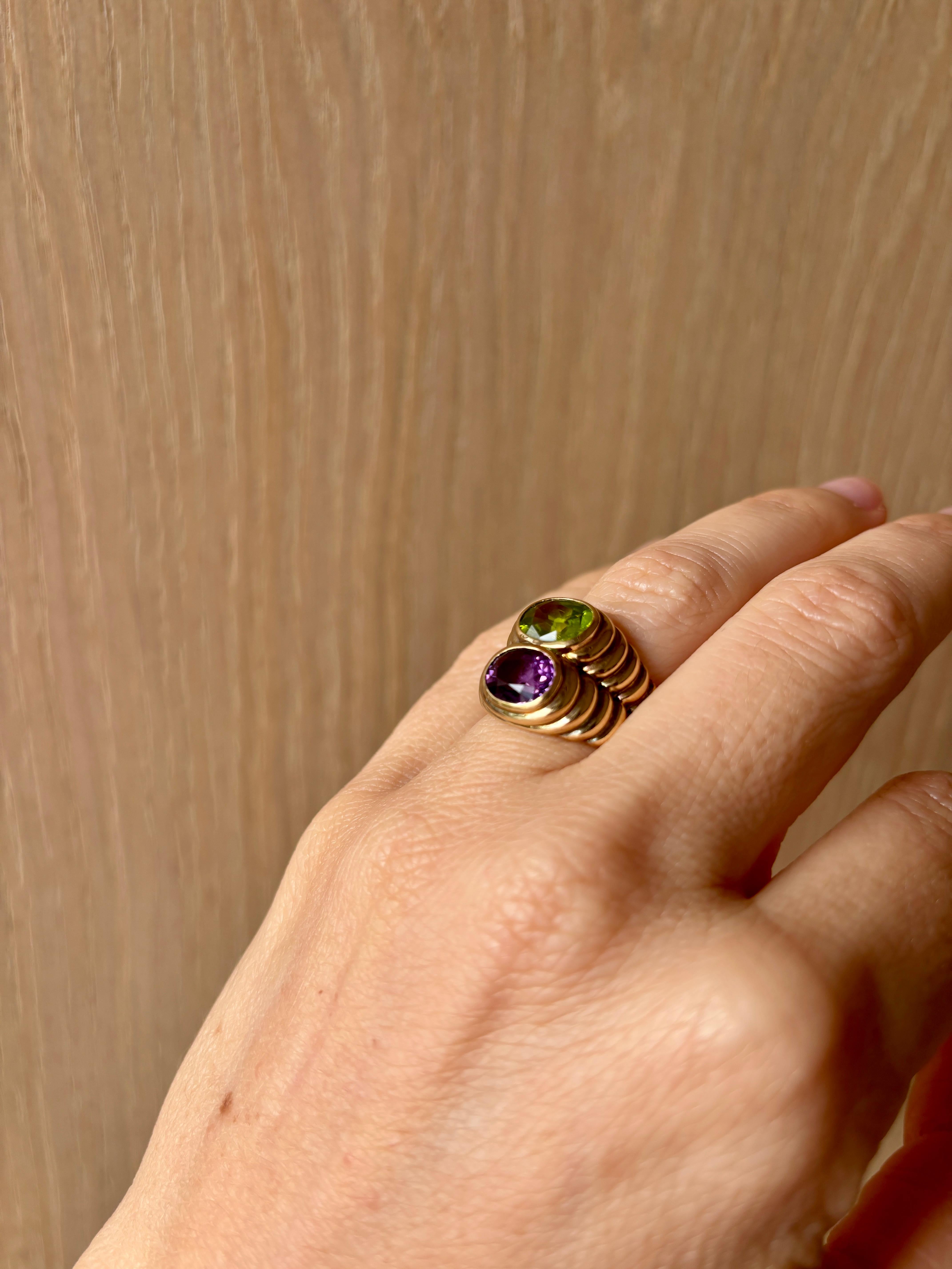 Bulgari Doppio Baccellato Peridot & Amethyst Gold Ring 6