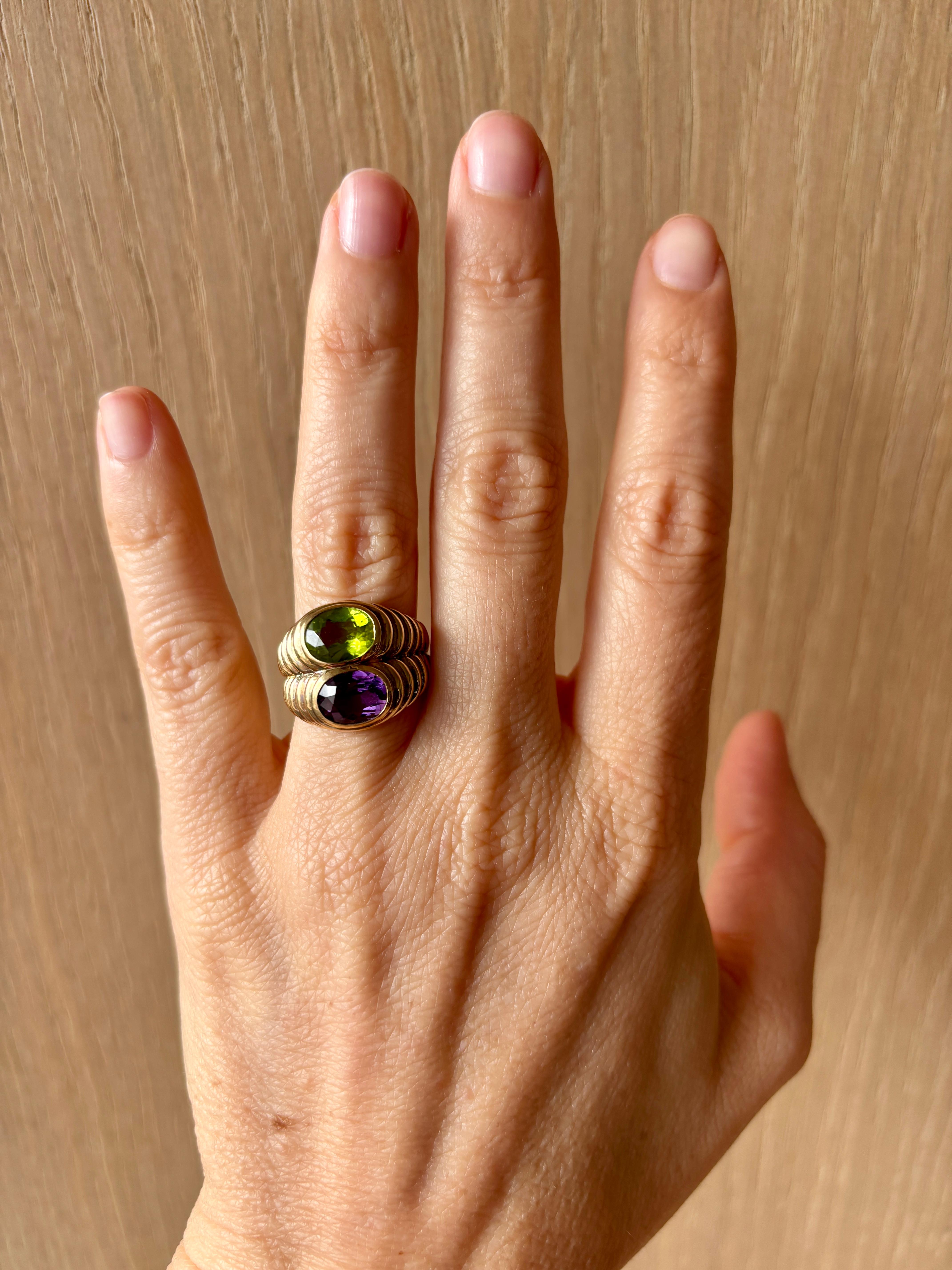 Bulgari Doppio Baccellato Peridot & Amethyst Gold Ring 7