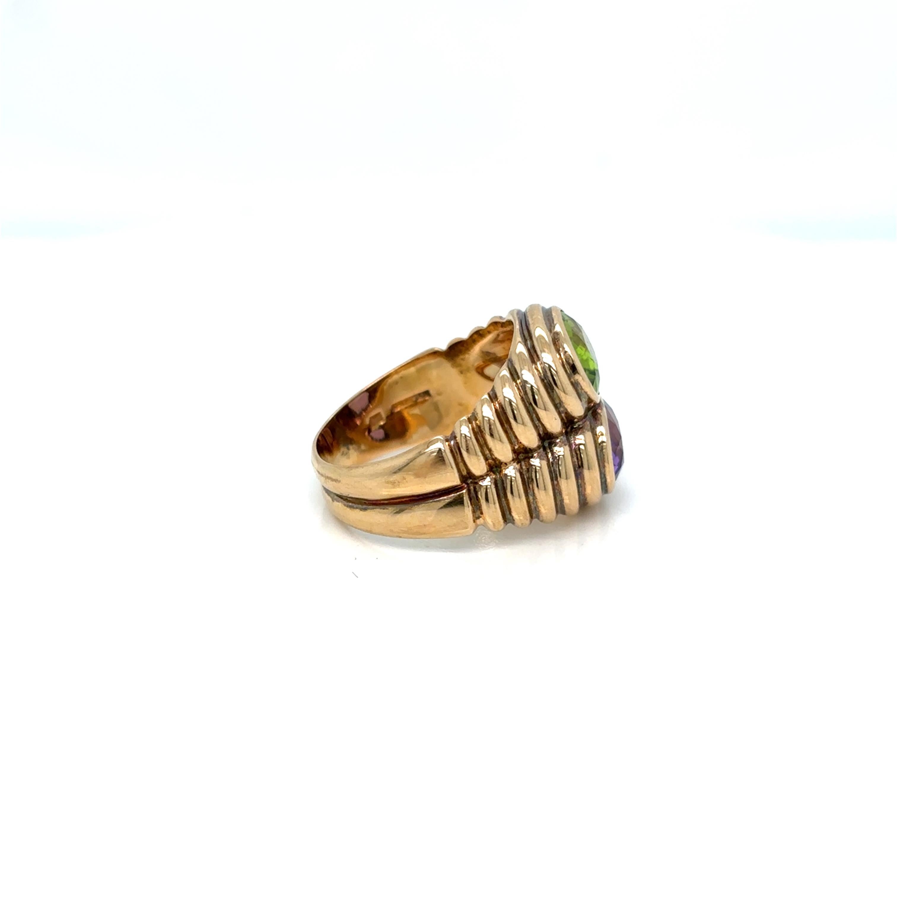 Bulgari Doppio Baccellato Peridot & Amethyst Gold Ring In Excellent Condition In Napoli, NA