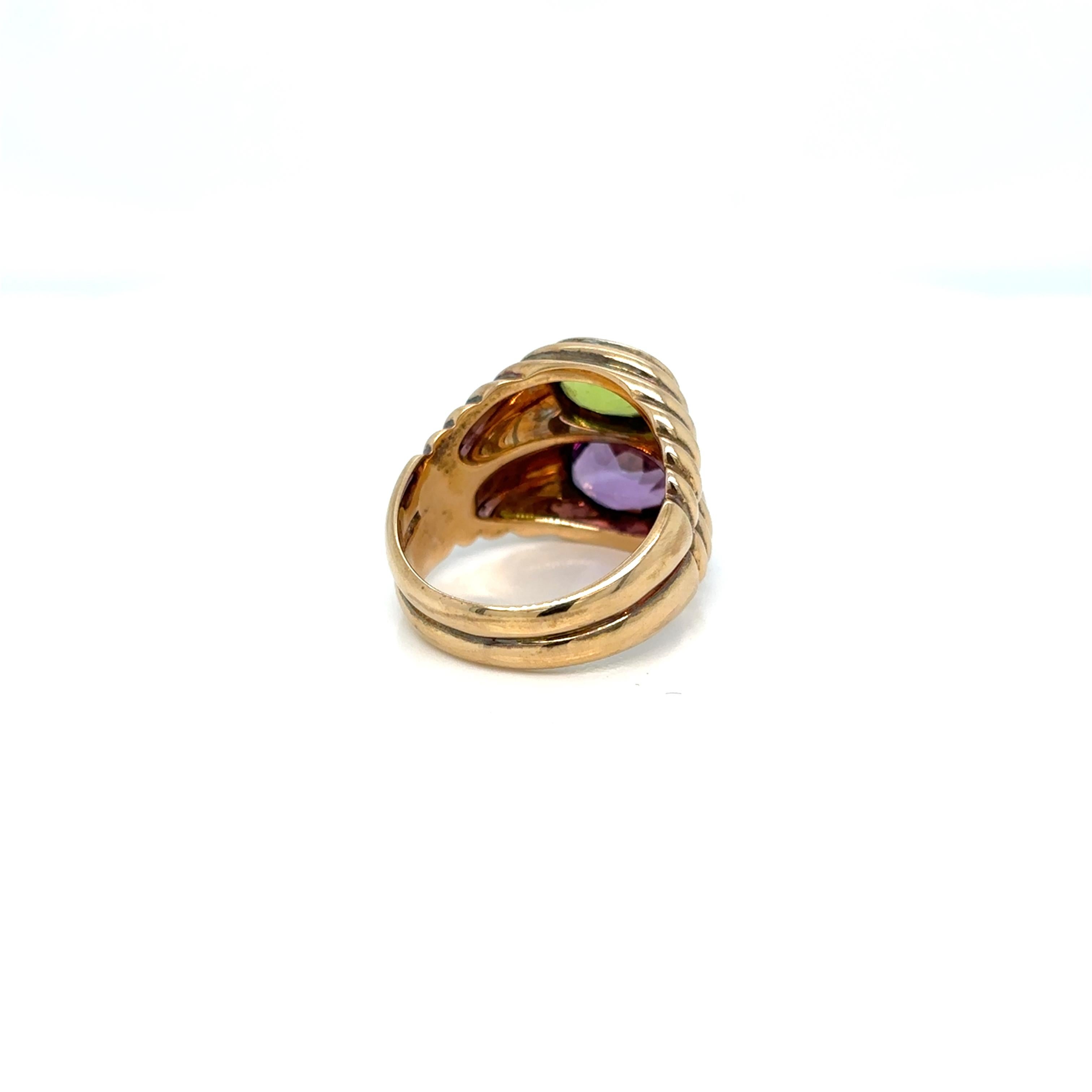 Women's or Men's Bulgari Doppio Baccellato Peridot & Amethyst Gold Ring