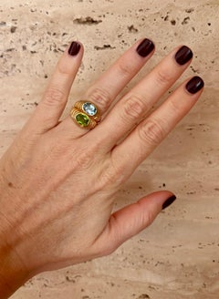 Bulgari Doppio Baccellato Ring in 18k Yellow Gold with Blue Topaz & Peridot
