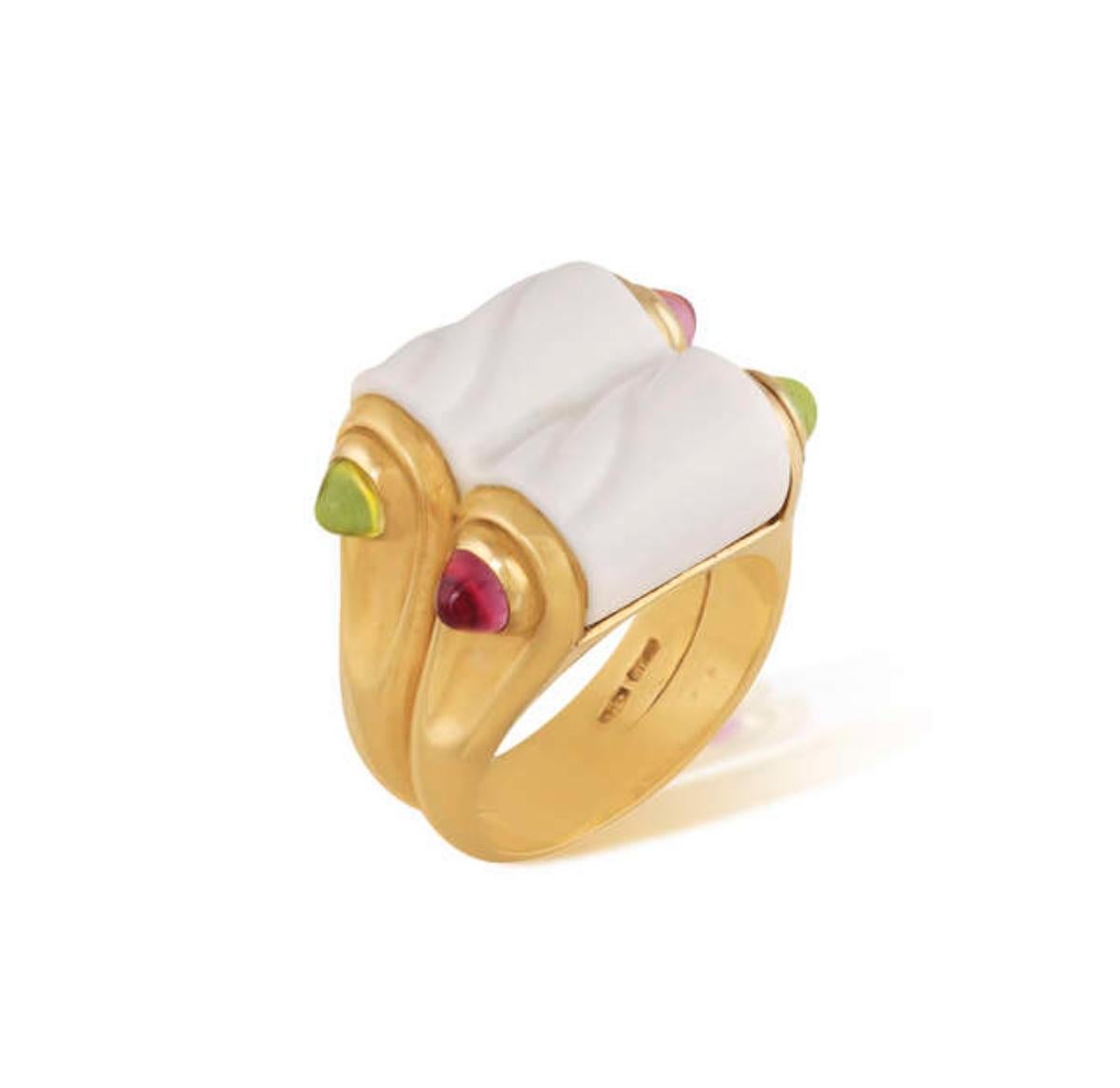 Cabochon Bulgari Doppio Chandra Porcelain Tourmaline Peridot Gold Ring