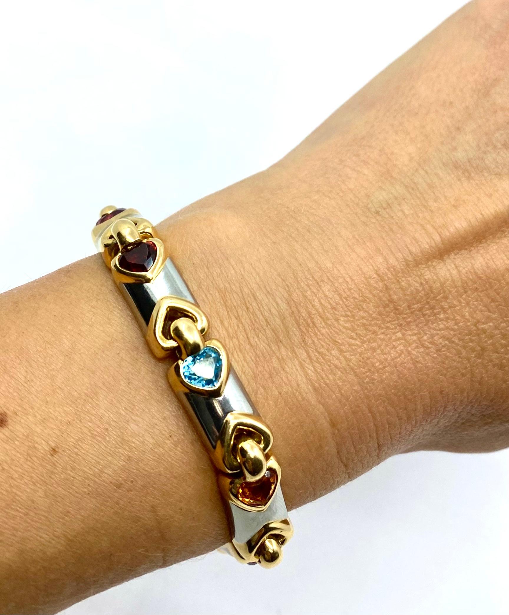 Bulgari Doppio Cuore Bracelet 18k Two-Tone Gold Gemstones In Excellent Condition In Beverly Hills, CA