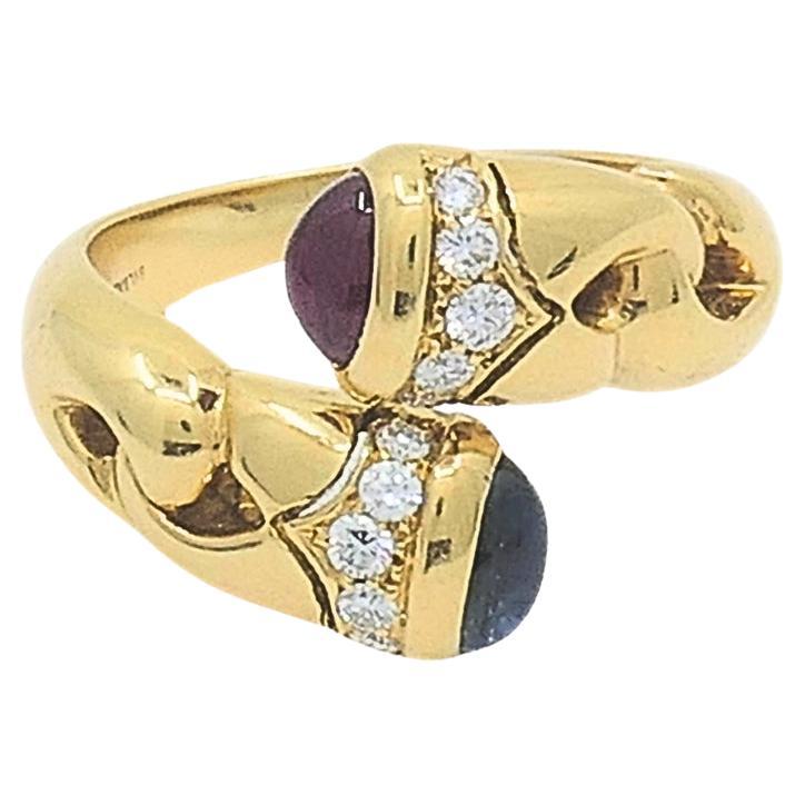 Bulgari Doppio Cuore Bypass Ring Gold Diamond Gemstones In Excellent Condition In Beverly Hills, CA