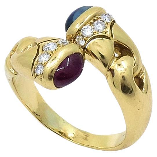 Women's Bulgari Doppio Cuore Bypass Ring Gold Diamond Gemstones