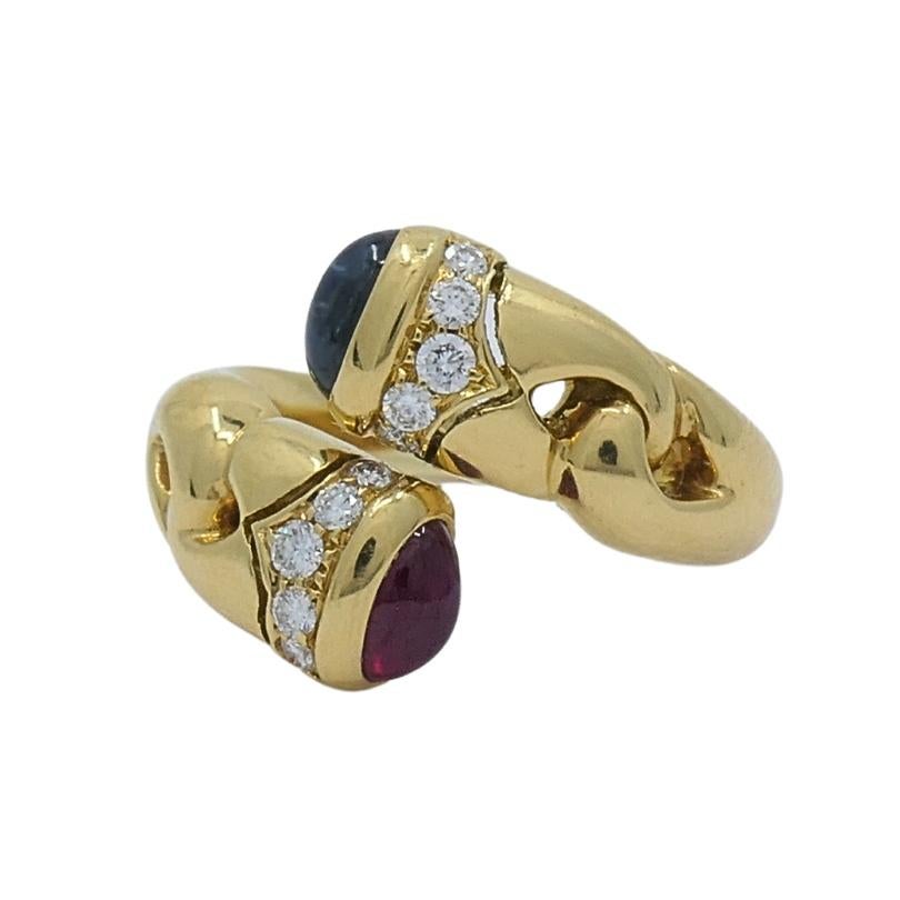 Bulgari Doppio Cuore Bypass Ring Gold Diamond Gemstones 1