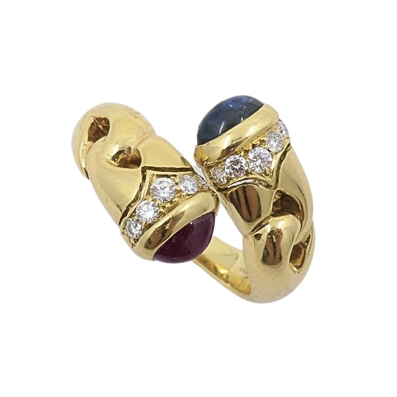 Bulgari Doppio Cuore Bypass Ring Gold Diamond Gemstones 3