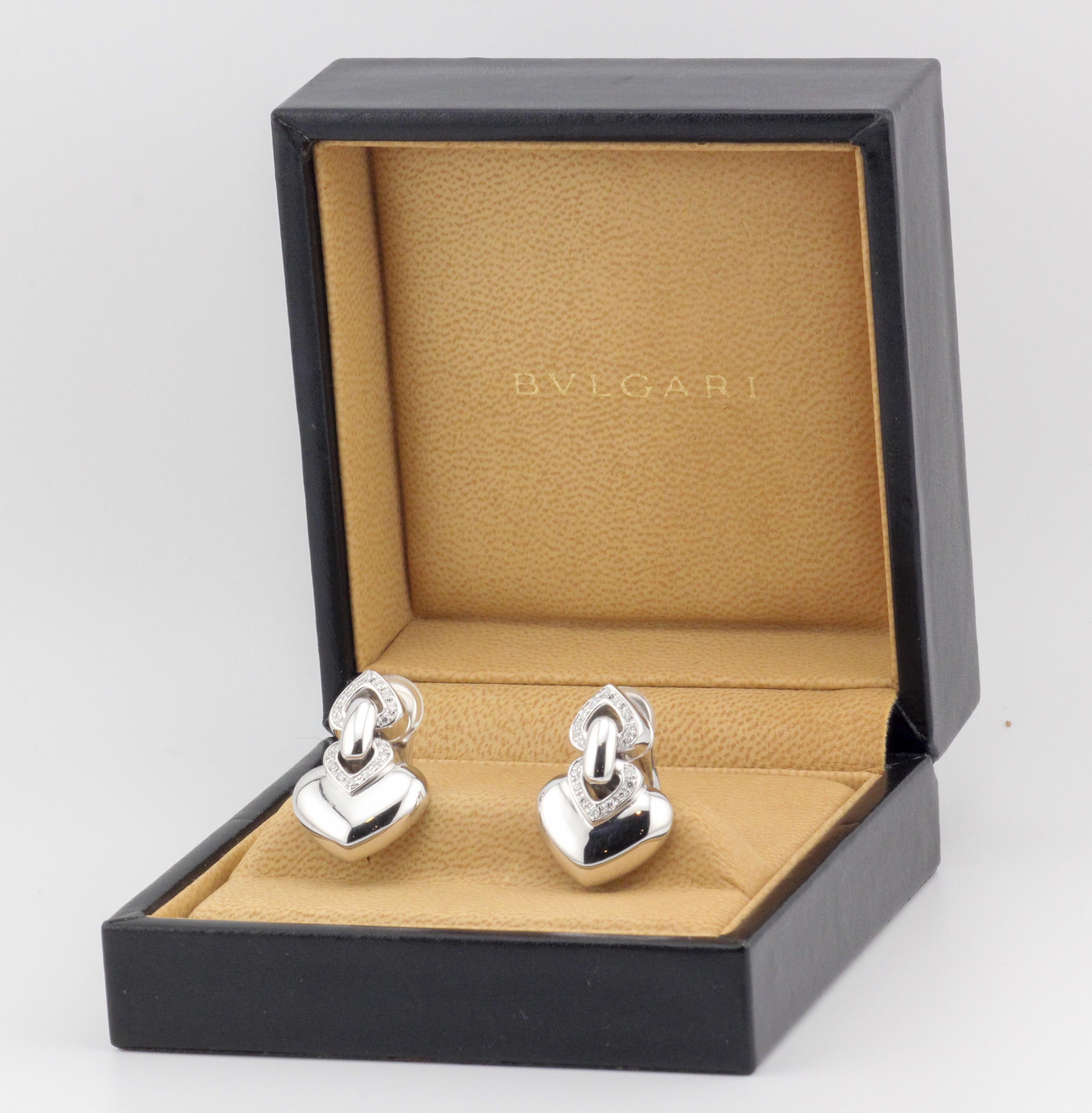 Bulgari Doppio Cuore Diamond 18k White Gold Earrings In Good Condition For Sale In Bellmore, NY