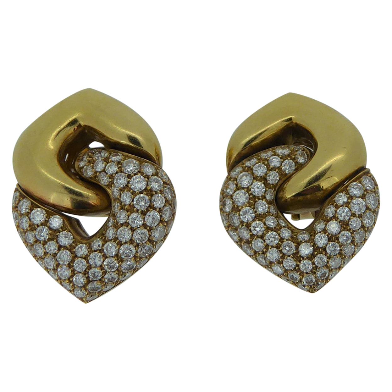 Bulgari "Doppio Cuore" Diamond and 18 Carat Yellow Gold Ear Clip Earrings For Sale