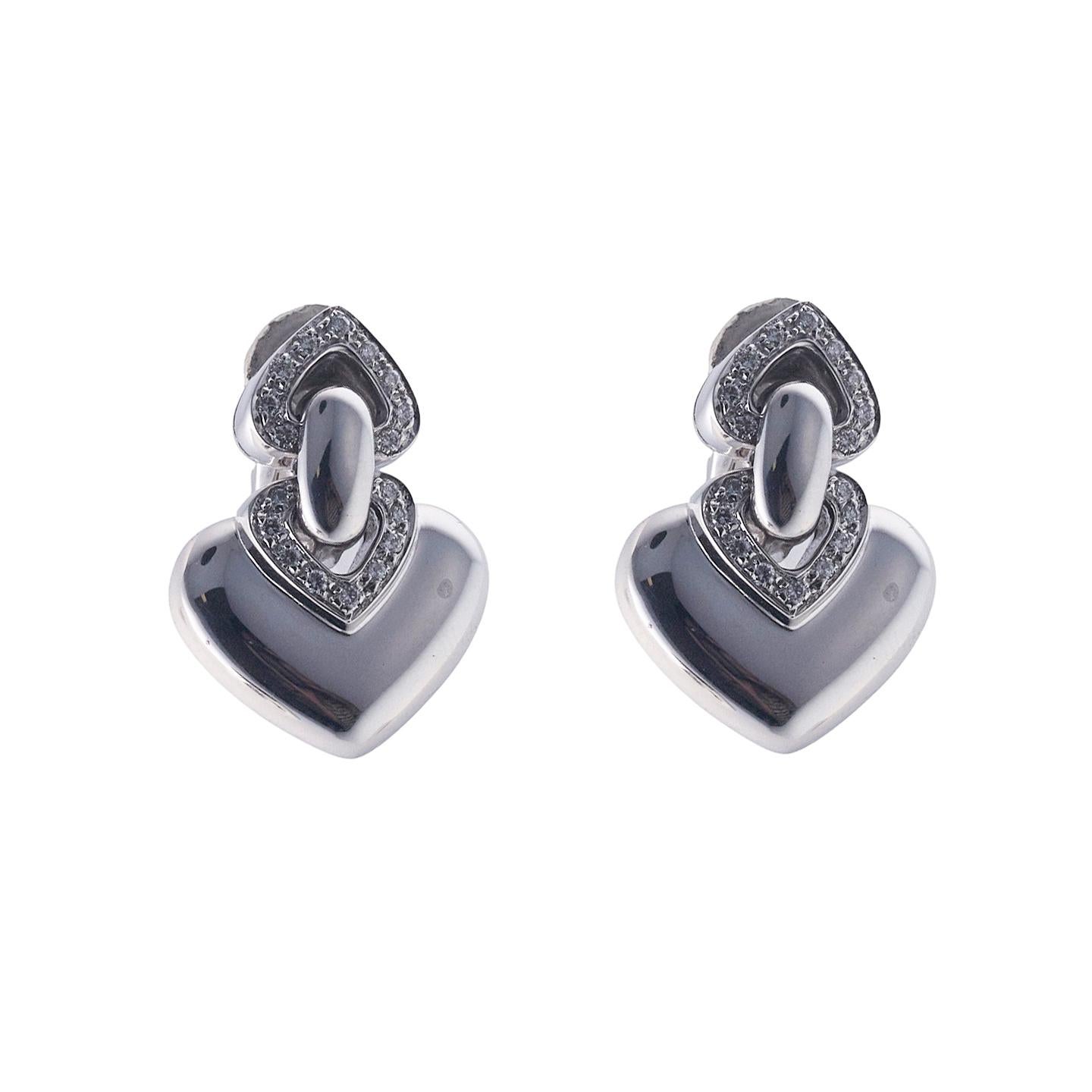 Pair of 18k white gold drop earrings by Bvlgari for Doppio Cuore collection, set with approx. 0.36ctw in VS/G diamonds. Earrings measure 24mm x 16mm. Marked: Bvlgari, Made in Italy, 750. Weight is 21.1 grams.