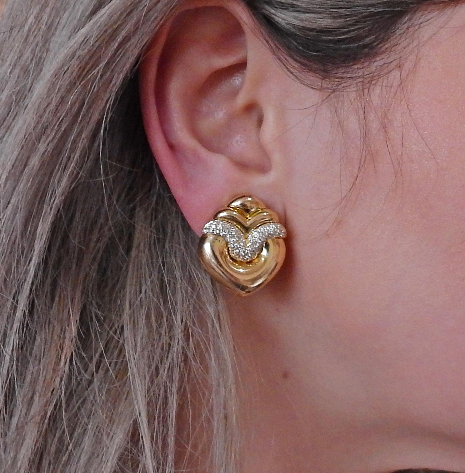Women's or Men's Bulgari Doppio Cuore Diamond Gold Earrings For Sale