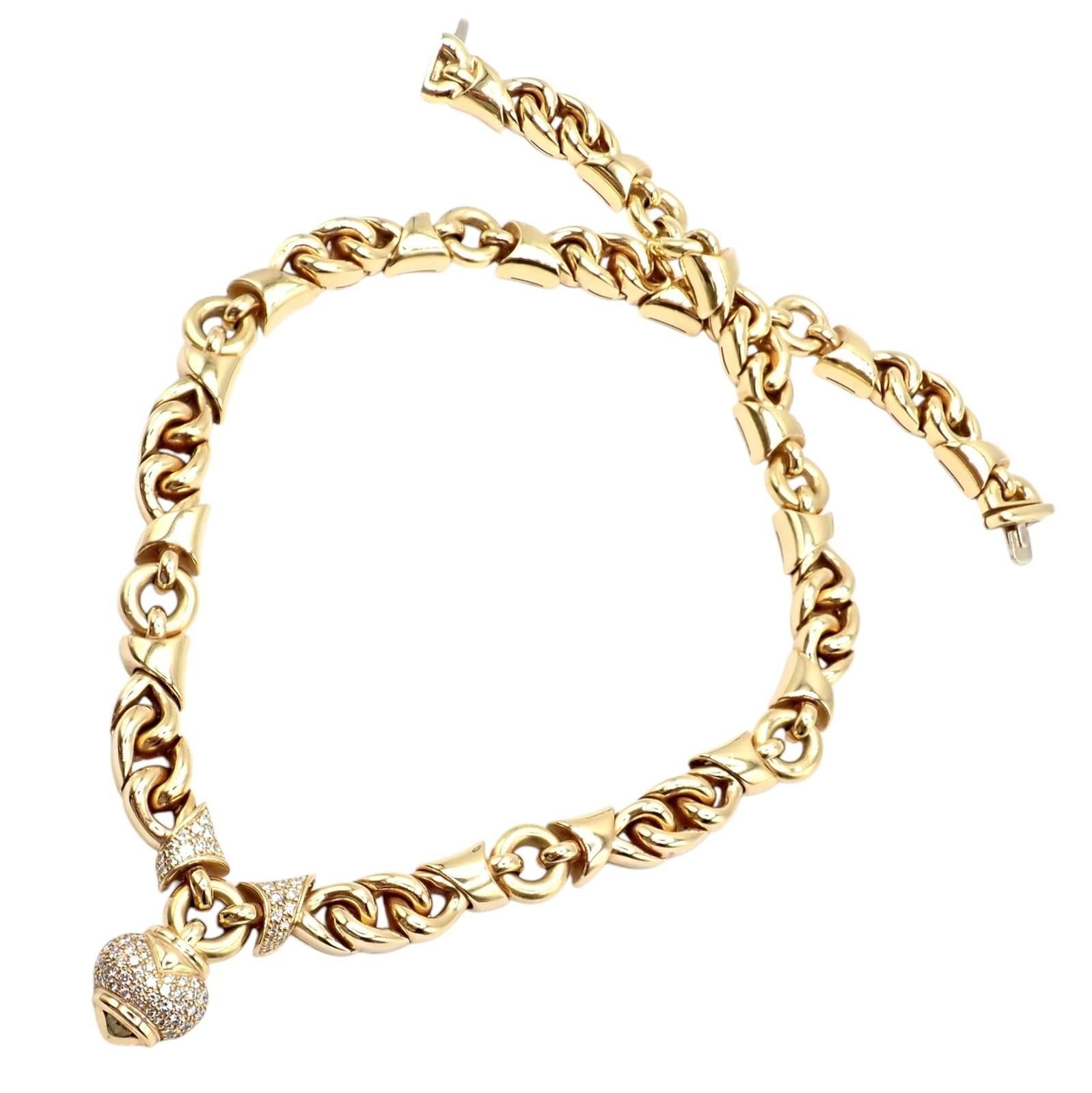 Bulgari - Collier à maillons en or jaune Doppio Cuore avec cœur en diamants Unisexe en vente