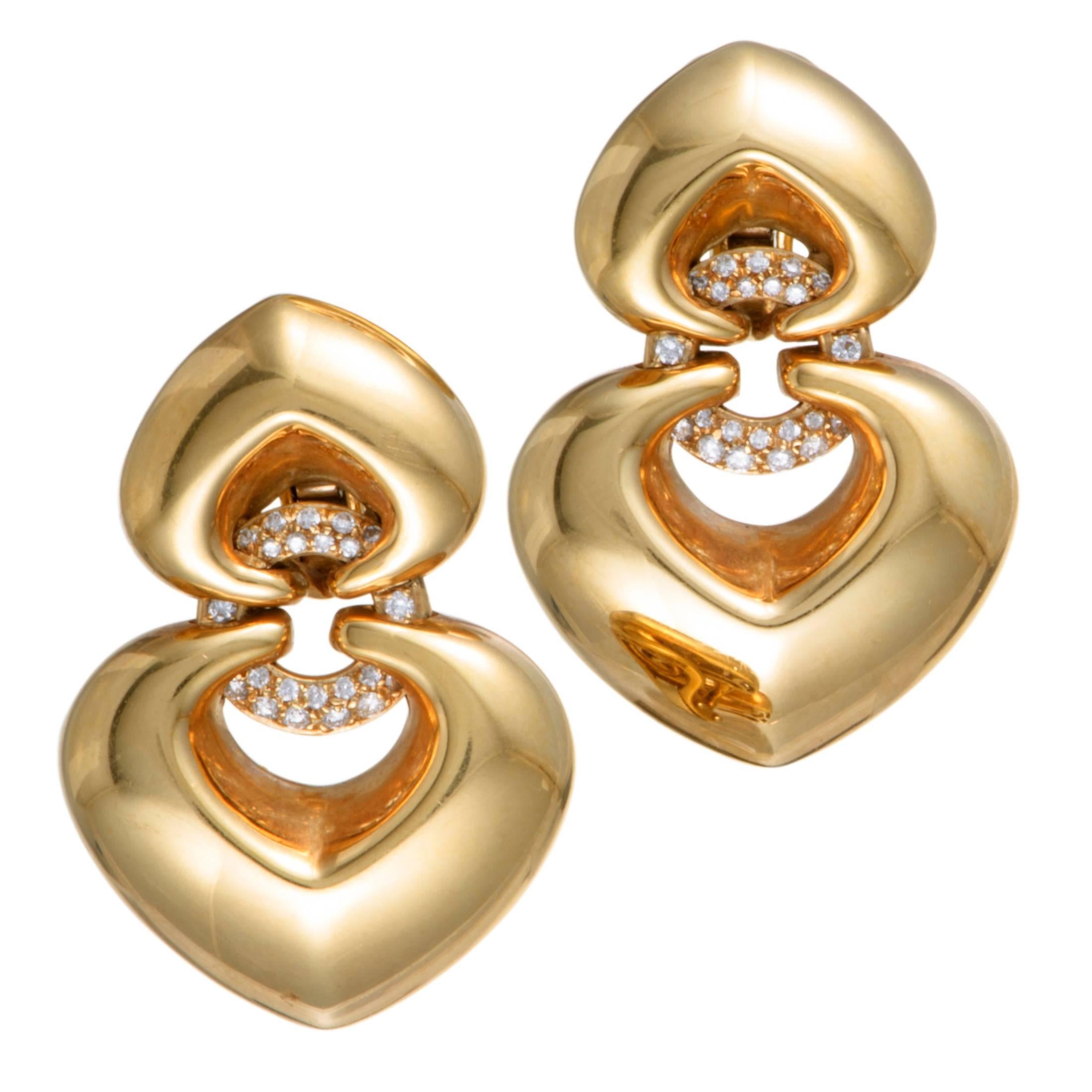 Bulgari Doppio Cuore Diamond Yellow Gold Double Heart Clip-On Earrings