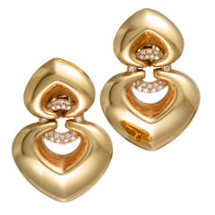 Bulgari Doppio Cuore Diamond Yellow Gold Double Heart Clip-On Earrings