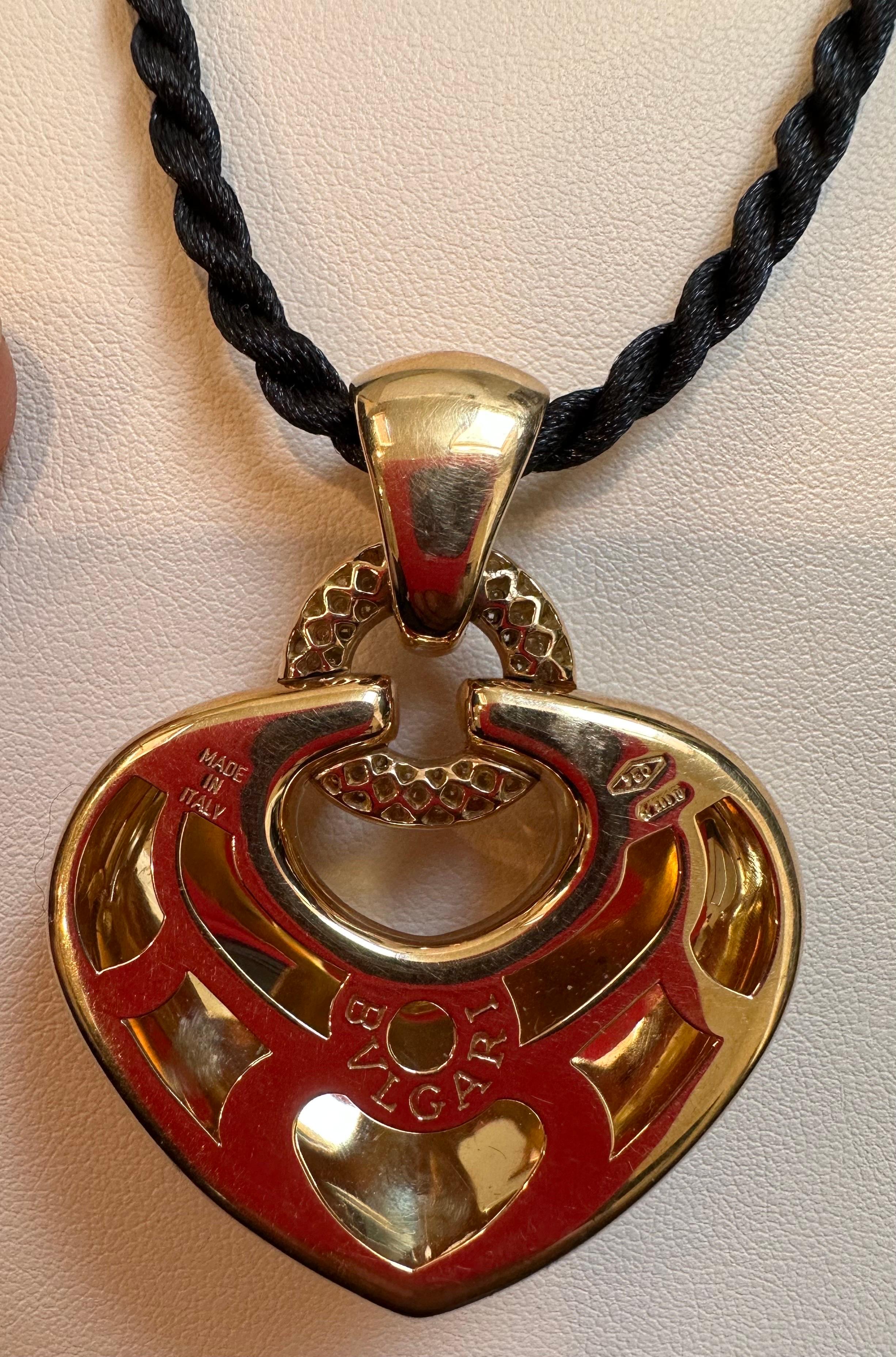 Bulgari 'Doppio Cuore' Gold and Diamond Puffed Heart Pendant on the Leather Cord 2