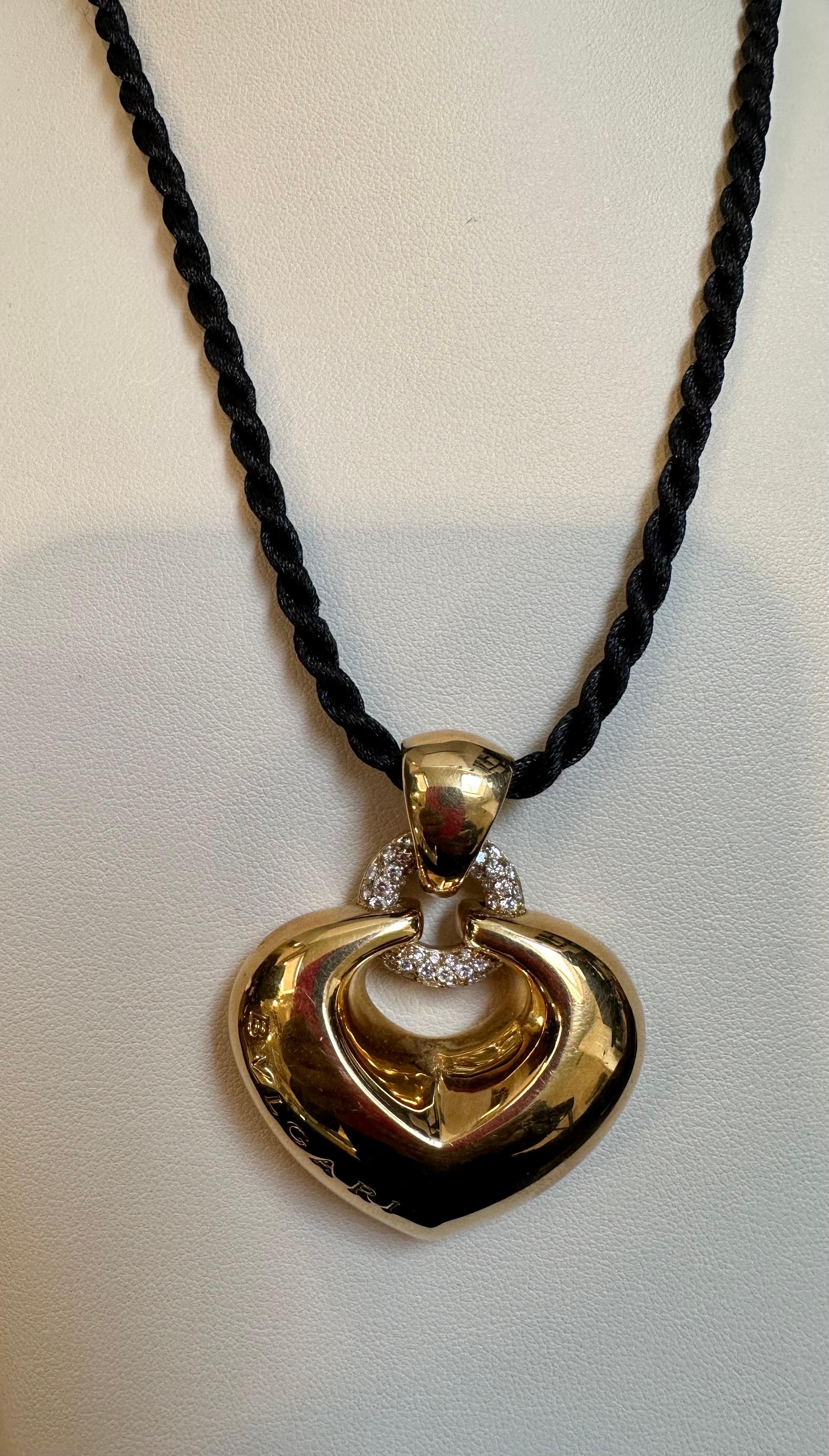 Bulgari 'Doppio Cuore' Gold and Diamond Puffed Heart Pendant on the Leather Cord 6