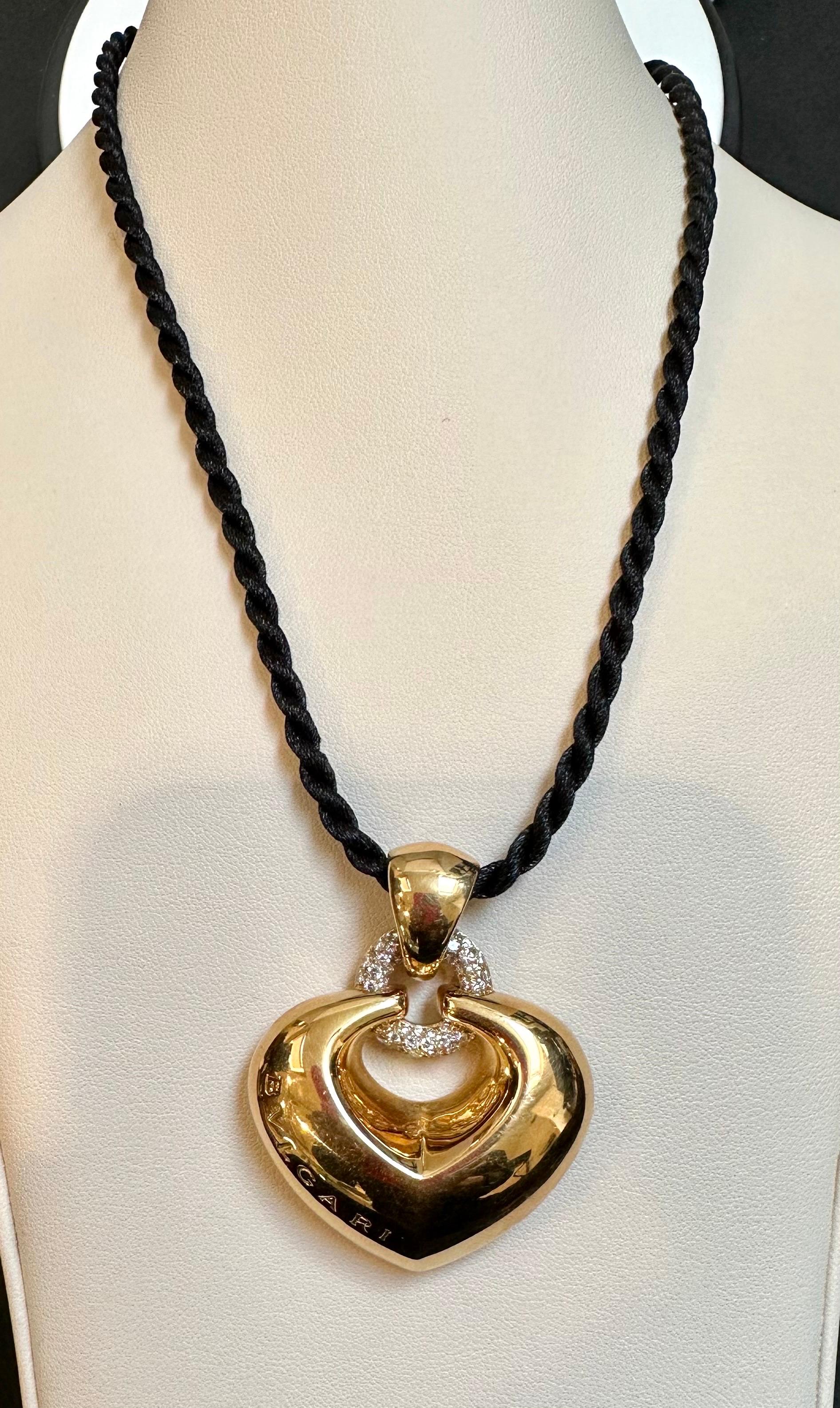 Bulgari 'Doppio Cuore' Gold and Diamond Puffed Heart Pendant on the Leather Cord 4