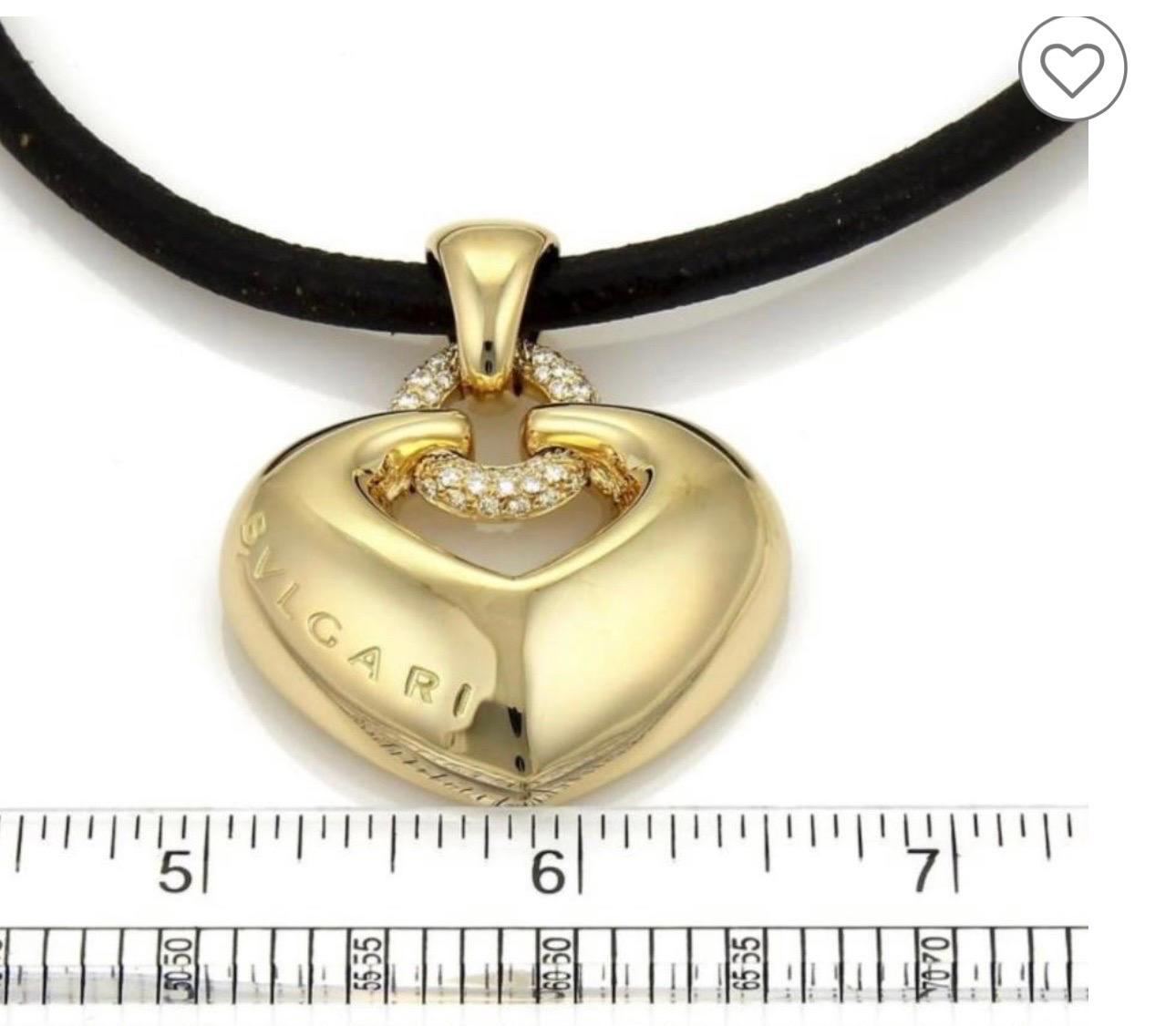 Bulgari 'Doppio Cuore' Gold and Diamond Puffed Heart Pendant on the Leather Cord In Excellent Condition In New York, NY