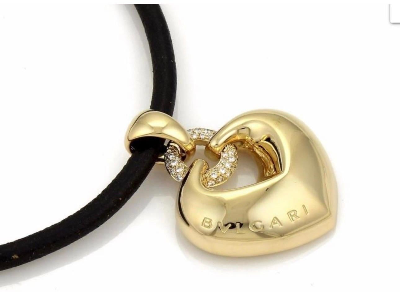 Bulgari 'Doppio Cuore' Gold and Diamond Puffed Heart Pendant on the Leather Cord In Excellent Condition In New York, NY