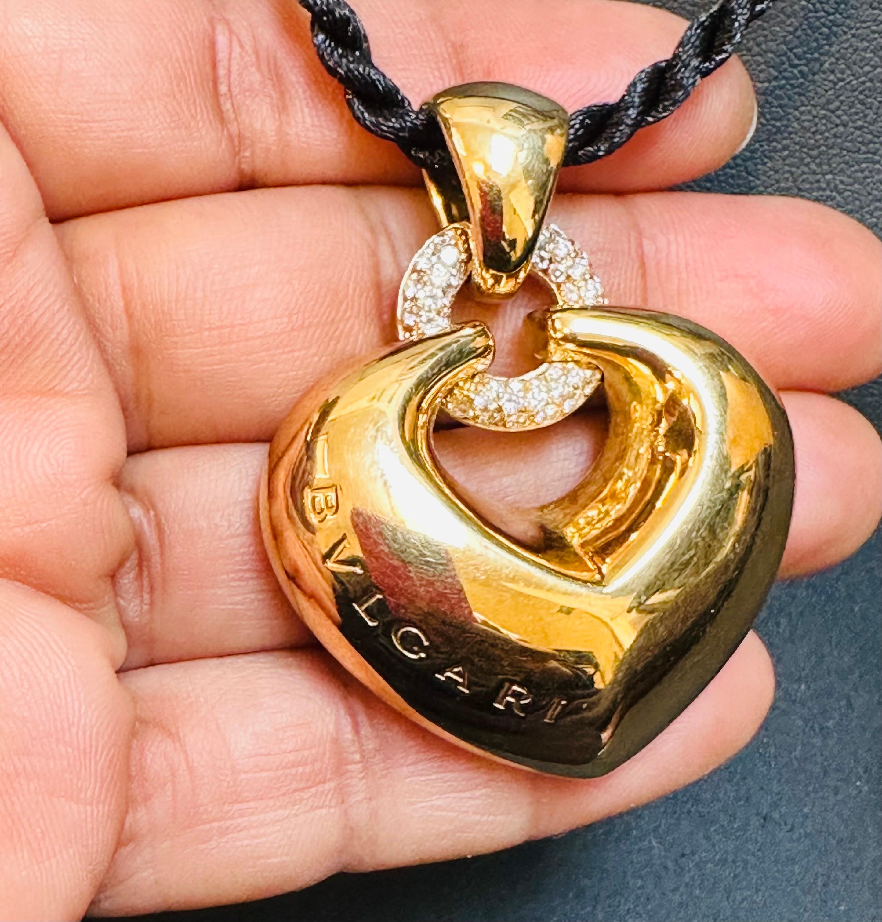 Women's or Men's Bulgari 'Doppio Cuore' Gold and Diamond Puffed Heart Pendant on the Leather Cord