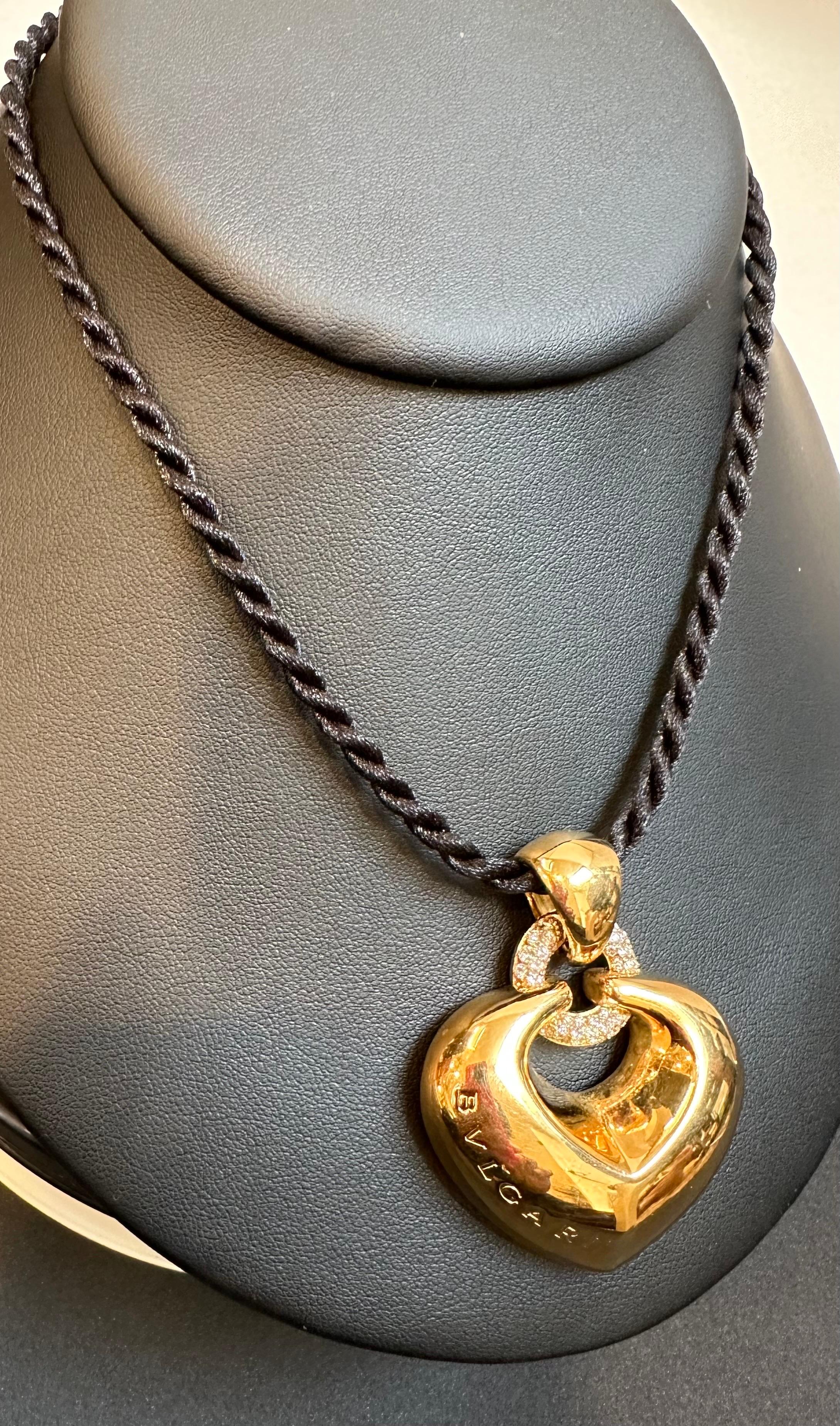 Bulgari 'Doppio Cuore' Gold and Diamond Puffed Heart Pendant on the Leather Cord 1