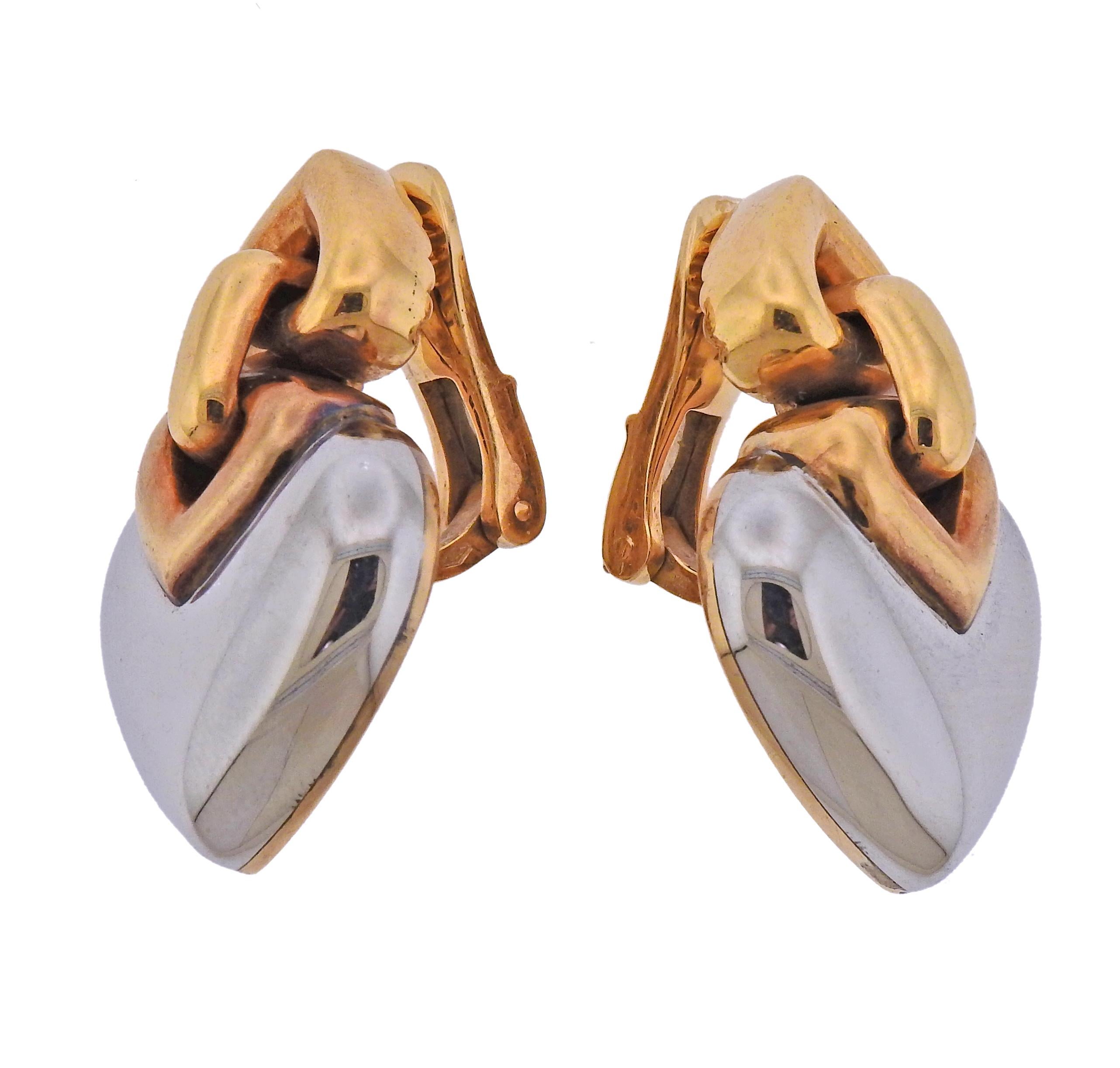 Pair of 18k gold and steel earrings by Bvlgari, from Doppio Cuore collection. Earrings are 32mm x 21mm. Weight - 32.1 grams. Marked: Bvlgari, 750, Acier el, Made in Italy.